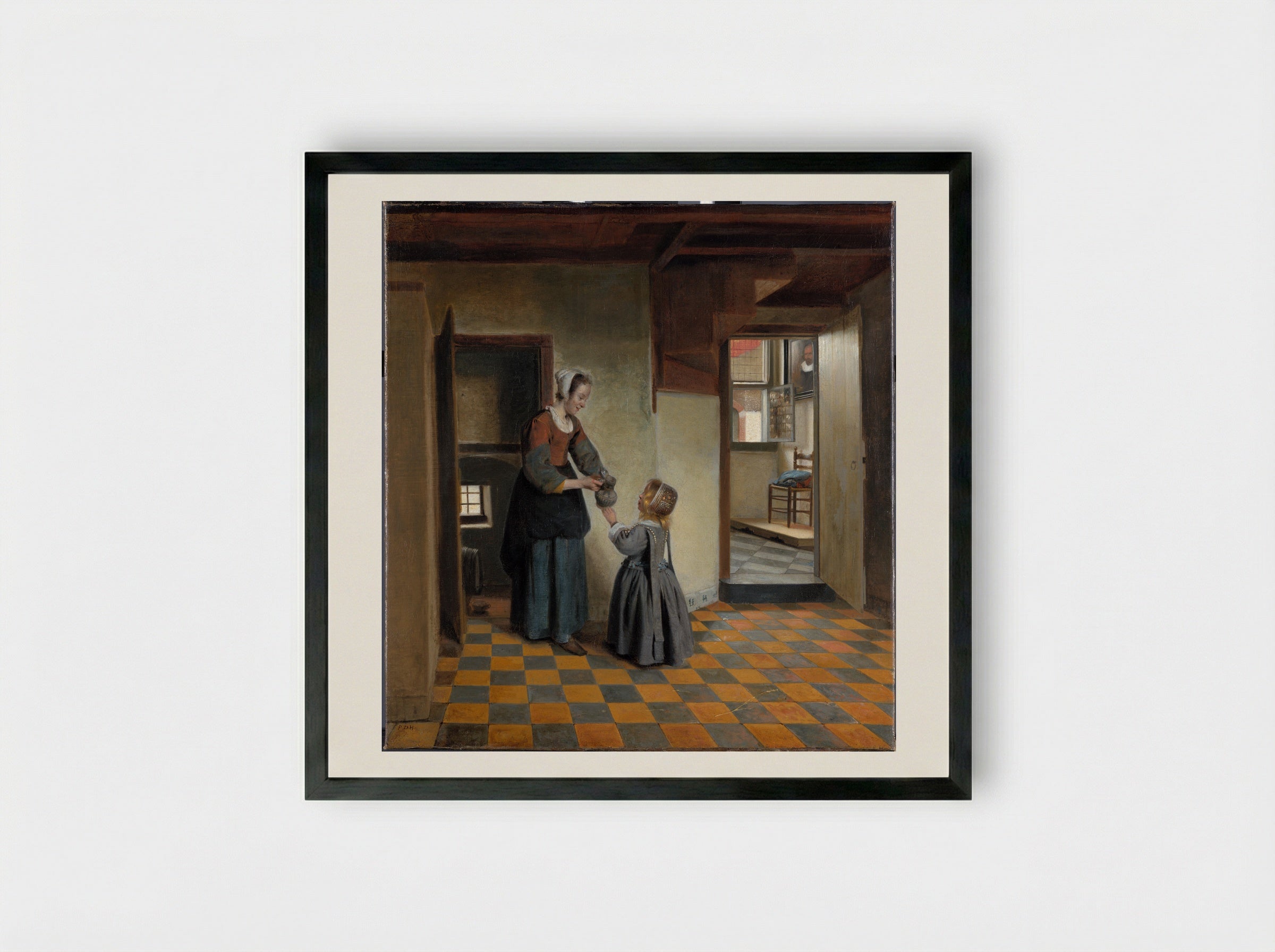 A Maidservant with a Child in a Cellar Chamber - Pieter de Hooch - Framed Print Black