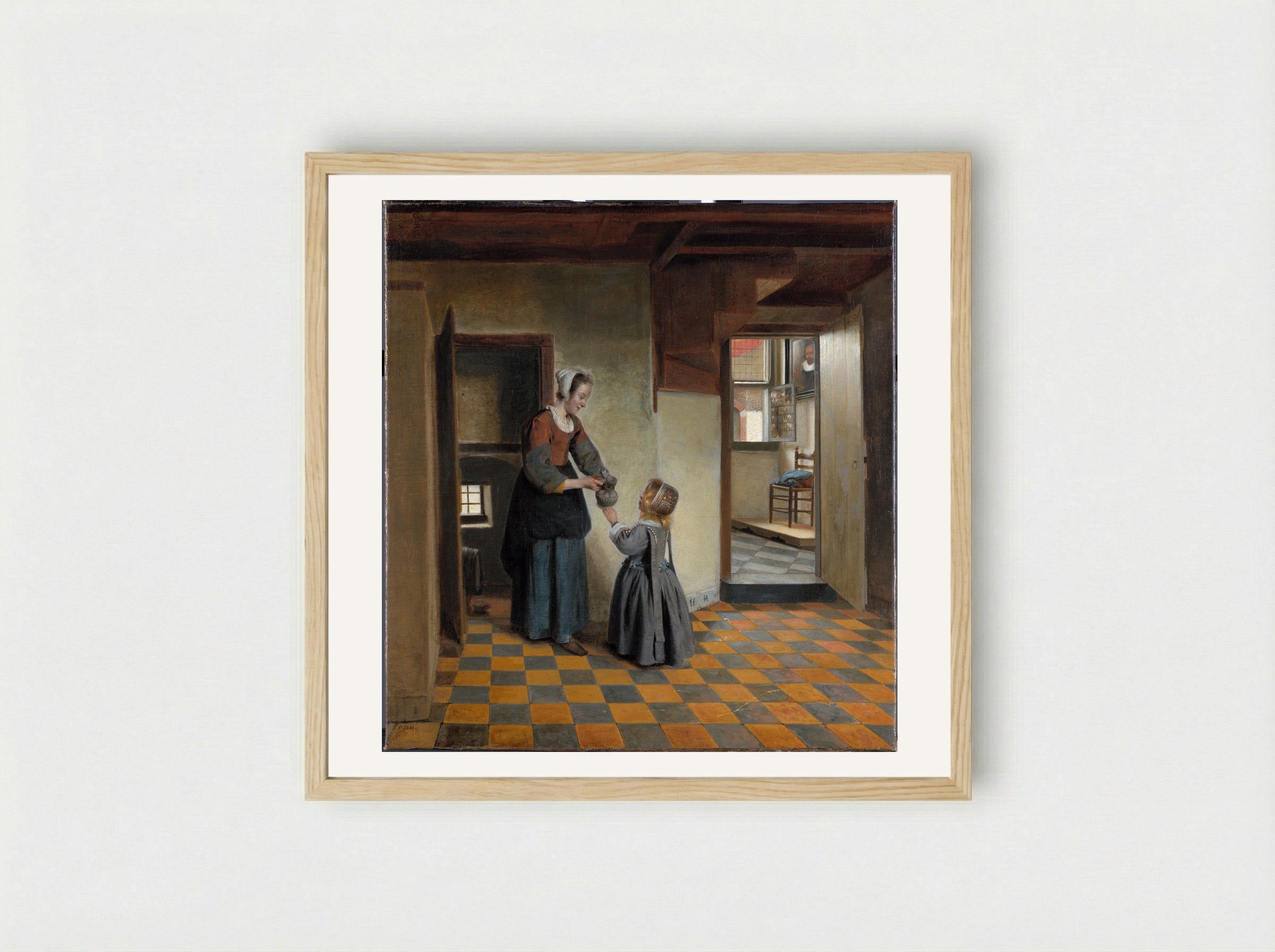 A Maidservant with a Child in a Cellar Chamber - Pieter de Hooch - Framed Print Wood