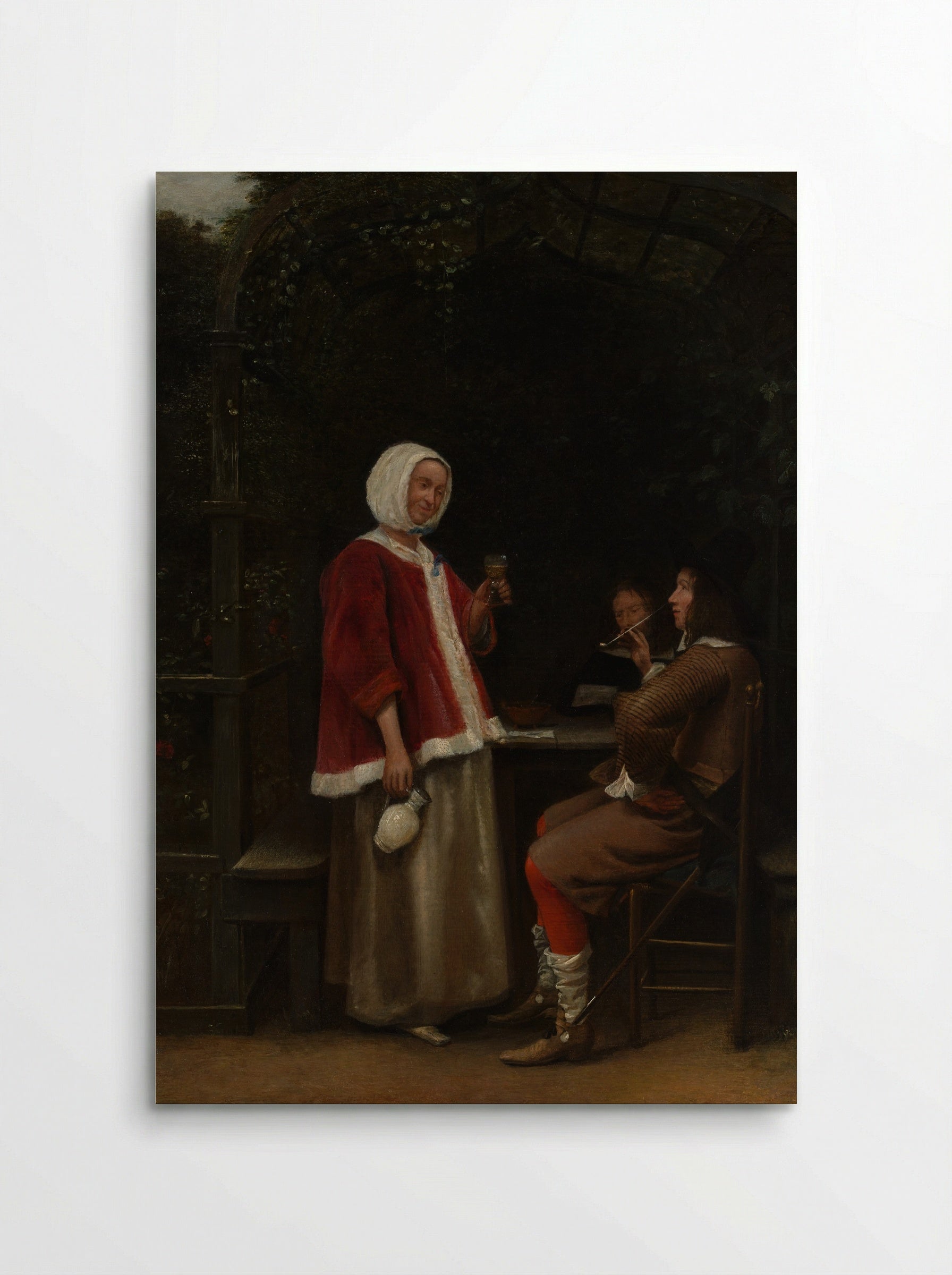 A Woman and Two Men in an Arbor - Pieter de Hooch - Poster