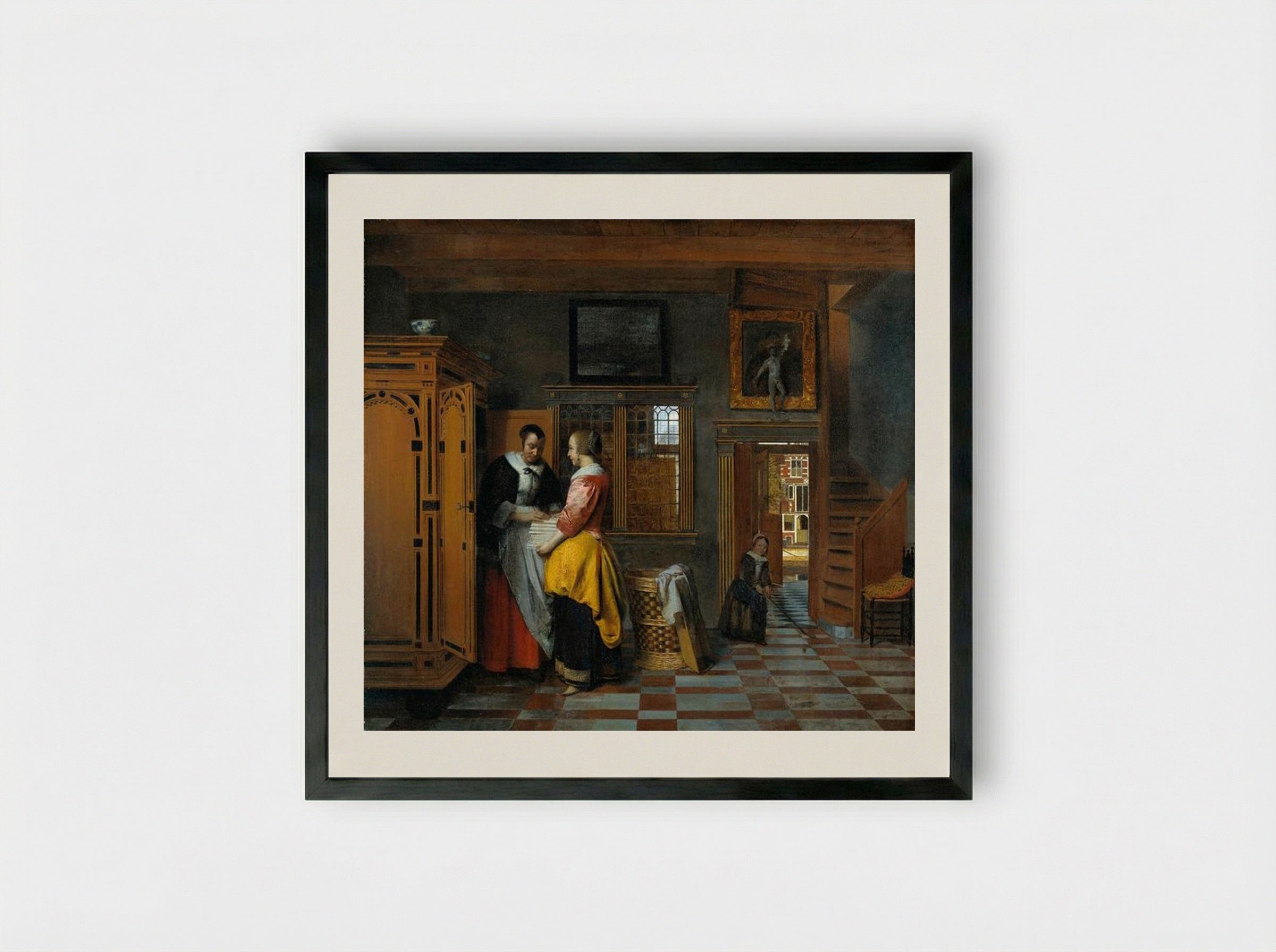 At the Linen Closet - Pieter de Hooch - Framed Print Black