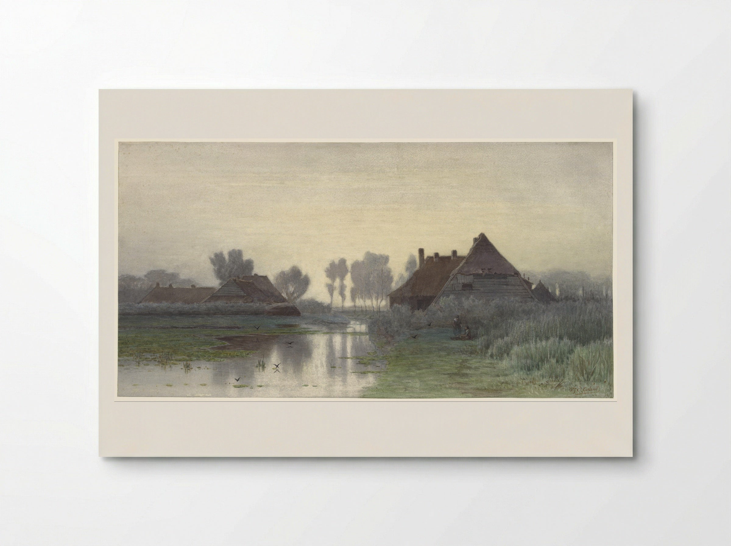 Boerenwoningen aan het water bij ochtendnevel - Paul Joseph Constantin Gabriël - Poster
