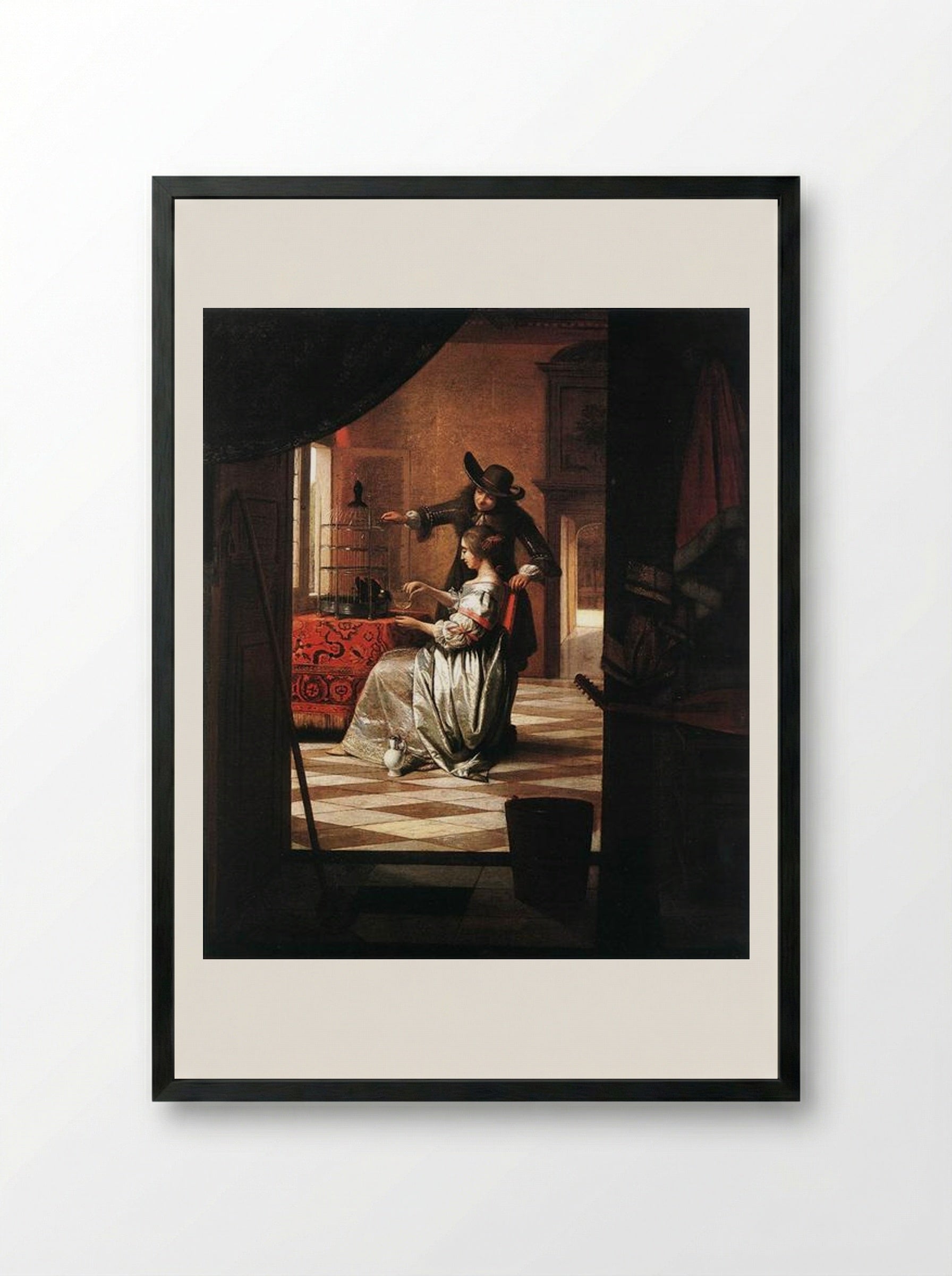 Couple with Parrot - Pieter de Hooch - Framed Print Black