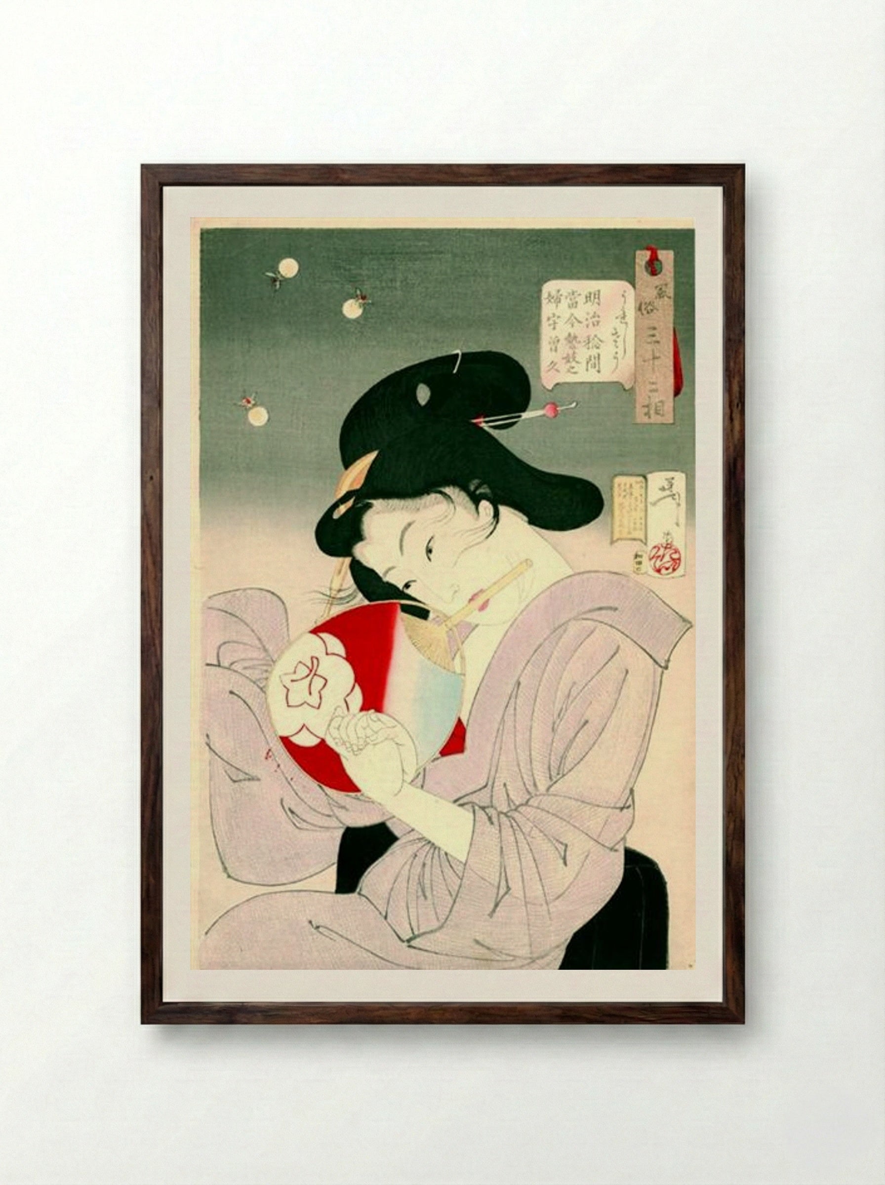 Delighted- The Appearance of a Geisha Today, during the Meiji Era - Tsukioka Yoshitoshi - Framed Print Dark Wood
