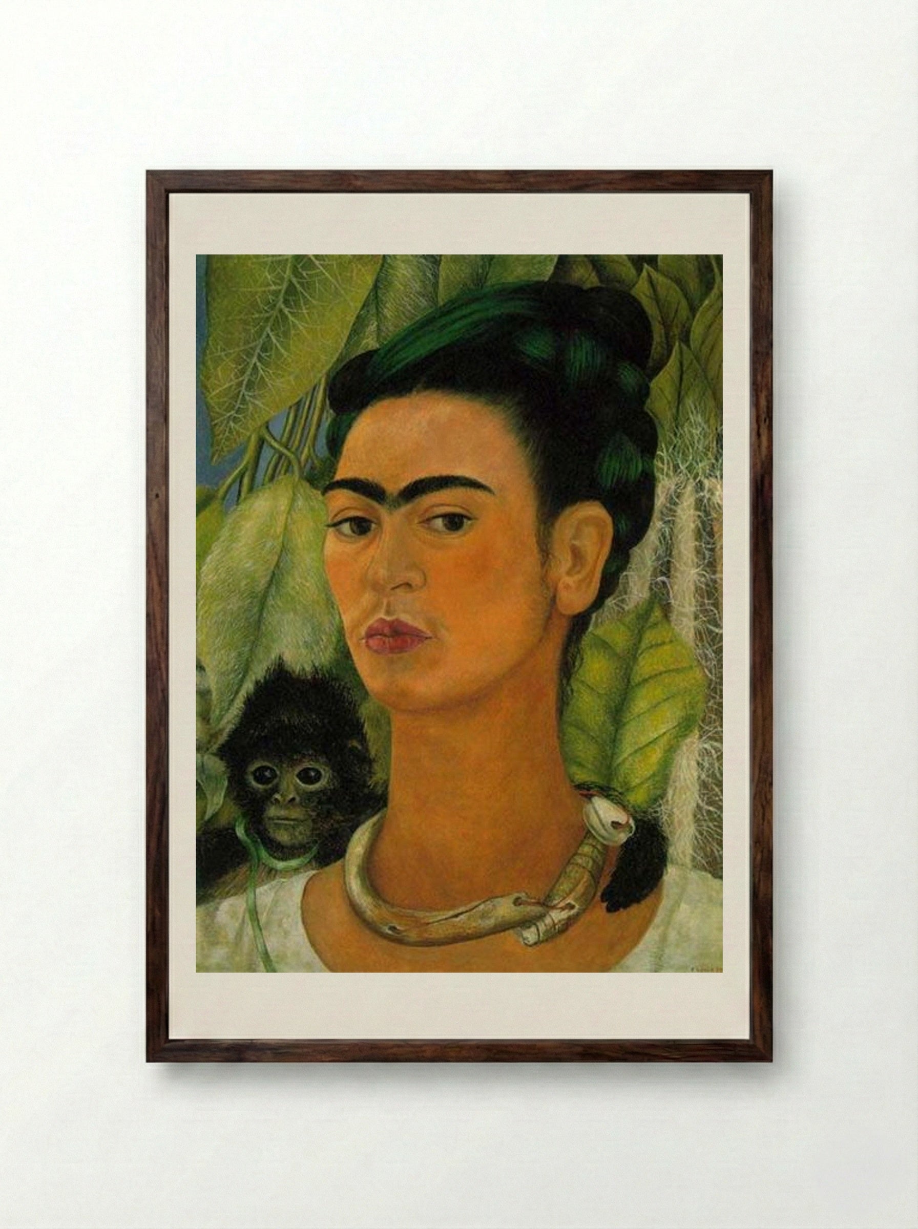 Self-Portrait with Monkey - Frida Kahlo - Framed Print Dark Wood