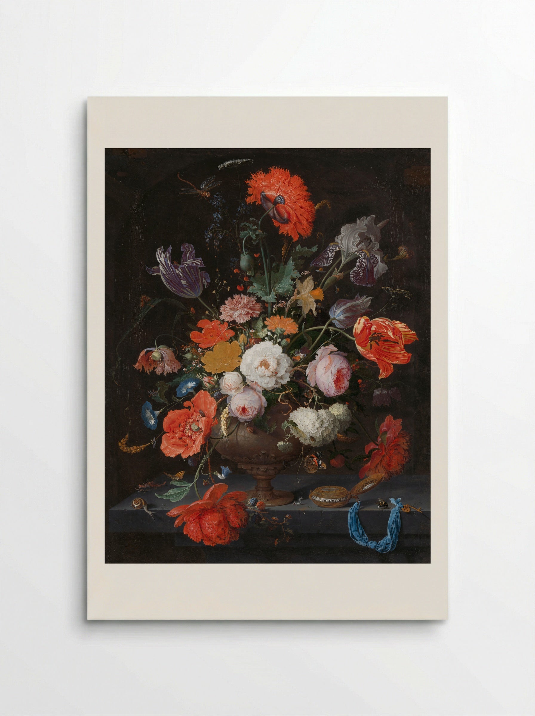 Stilleven met bloemen en een horloge - Abraham Mignon - Poster