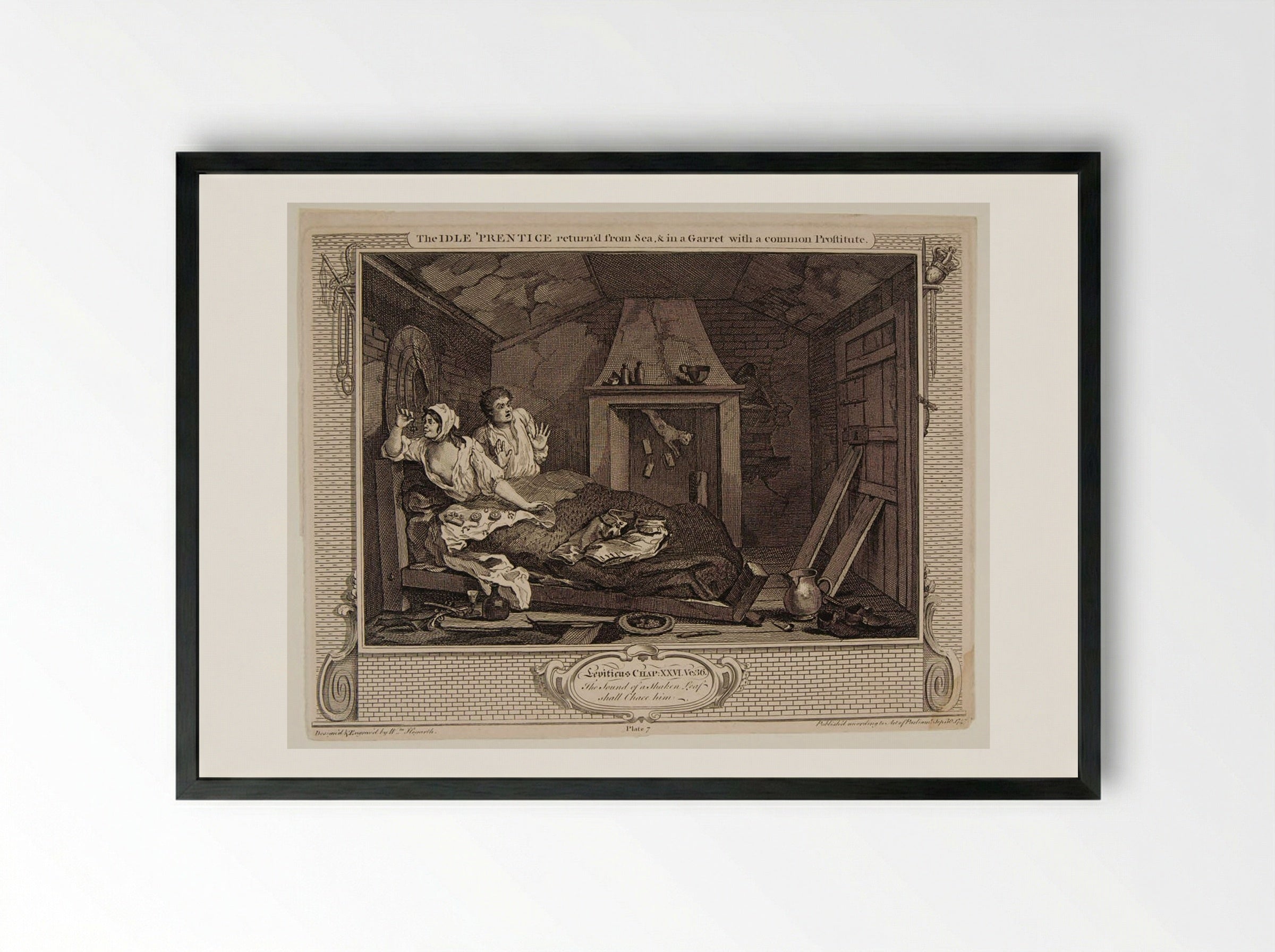 The Idle 'Prentice Return'd from Sea, and in a Garret with a Common Prostitute - William Hogarth - Framed Print Black