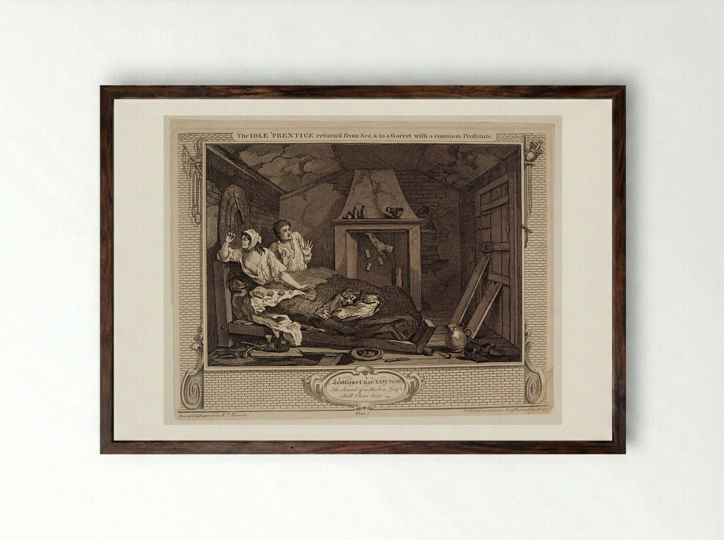 The Idle 'Prentice Return'd from Sea, and in a Garret with a Common Prostitute - William Hogarth - Framed Print Dark Wood