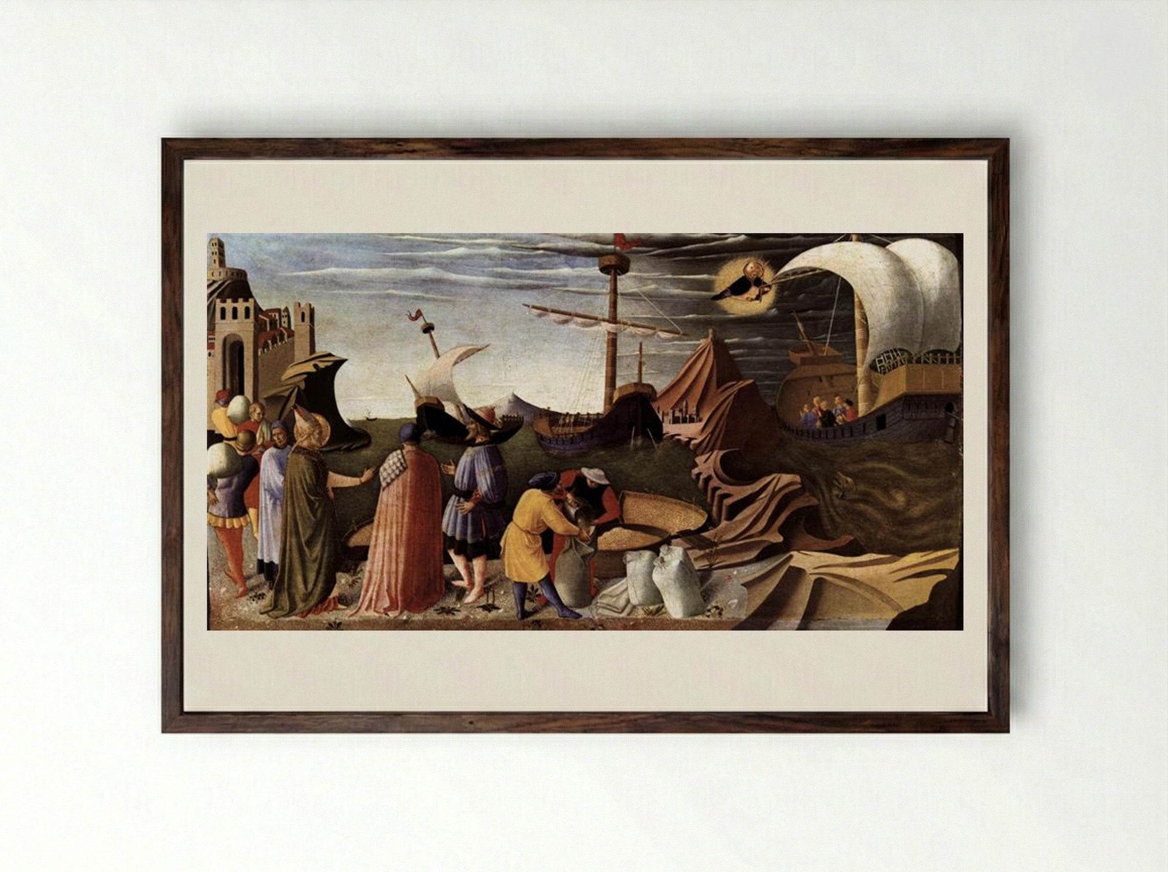 The Story of St. Nicholas: St. Nicholas saves the ship - Fra Angelico - Framed Print Dark Wood