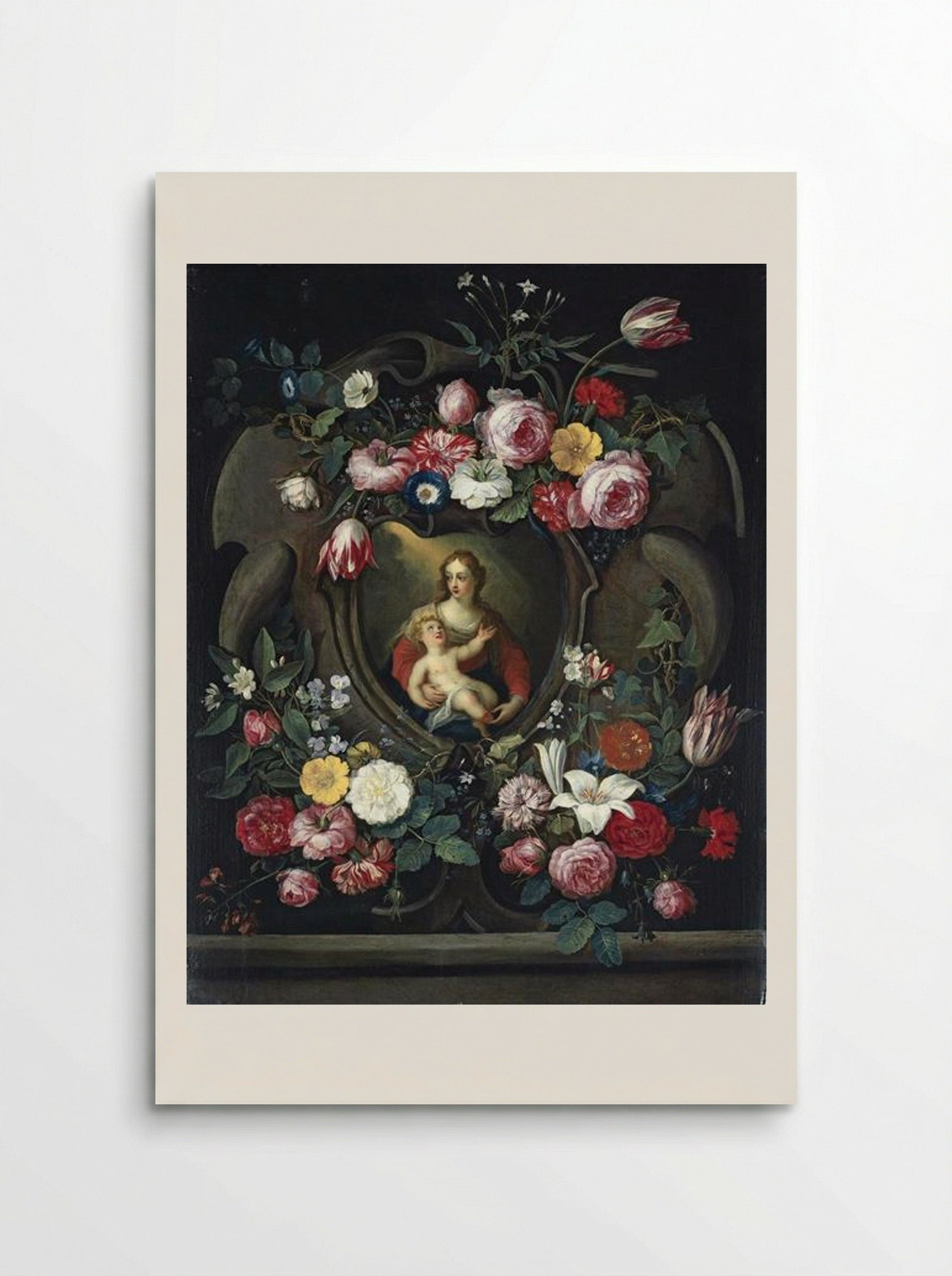 The Virgin and Child, in a Sculpted Cartouche, Surrounded by Garlands of Roses, Tulips, Carnations, Lillies and Other Flowers - Jan van Kessel the Elder - Poster