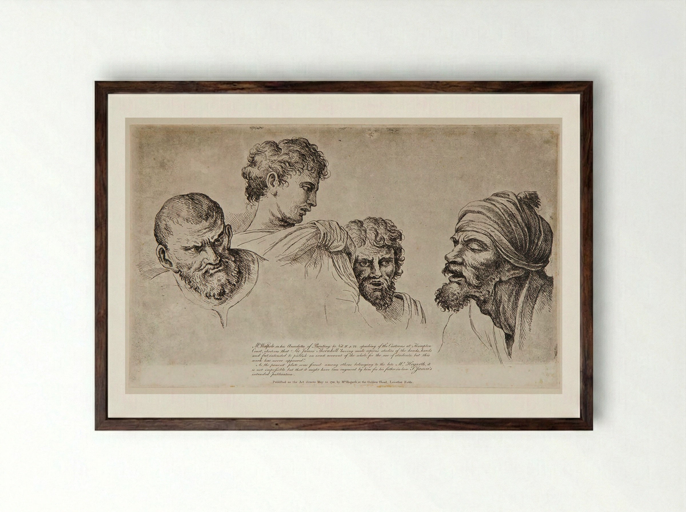 Four Heads from the Raphael Cartoons at Hampton Court - William Hogarth - Framed Print Dark Wood