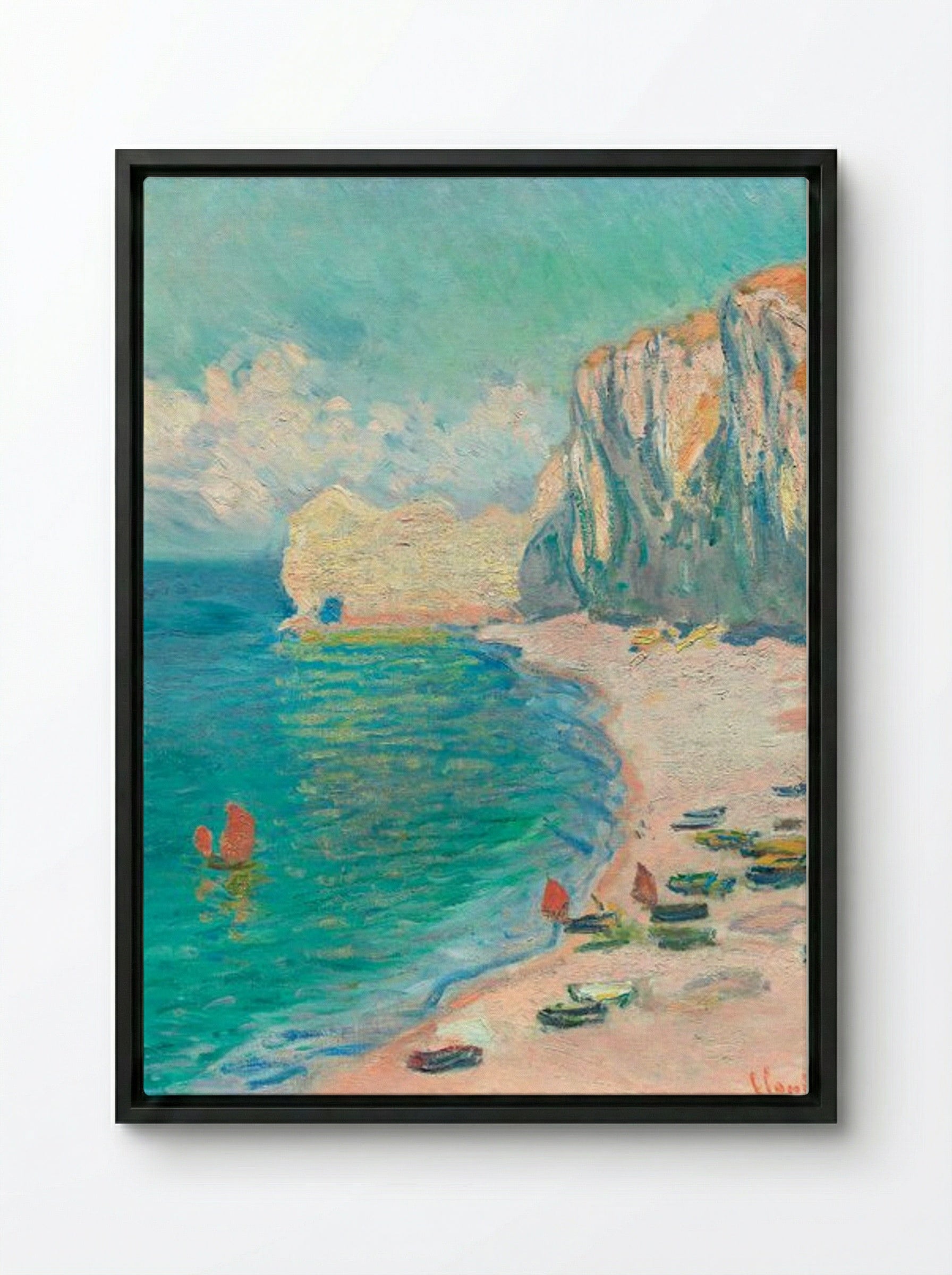 The Beach and the Falaise d'Amont - Claude Monet - Framed Canvas Black