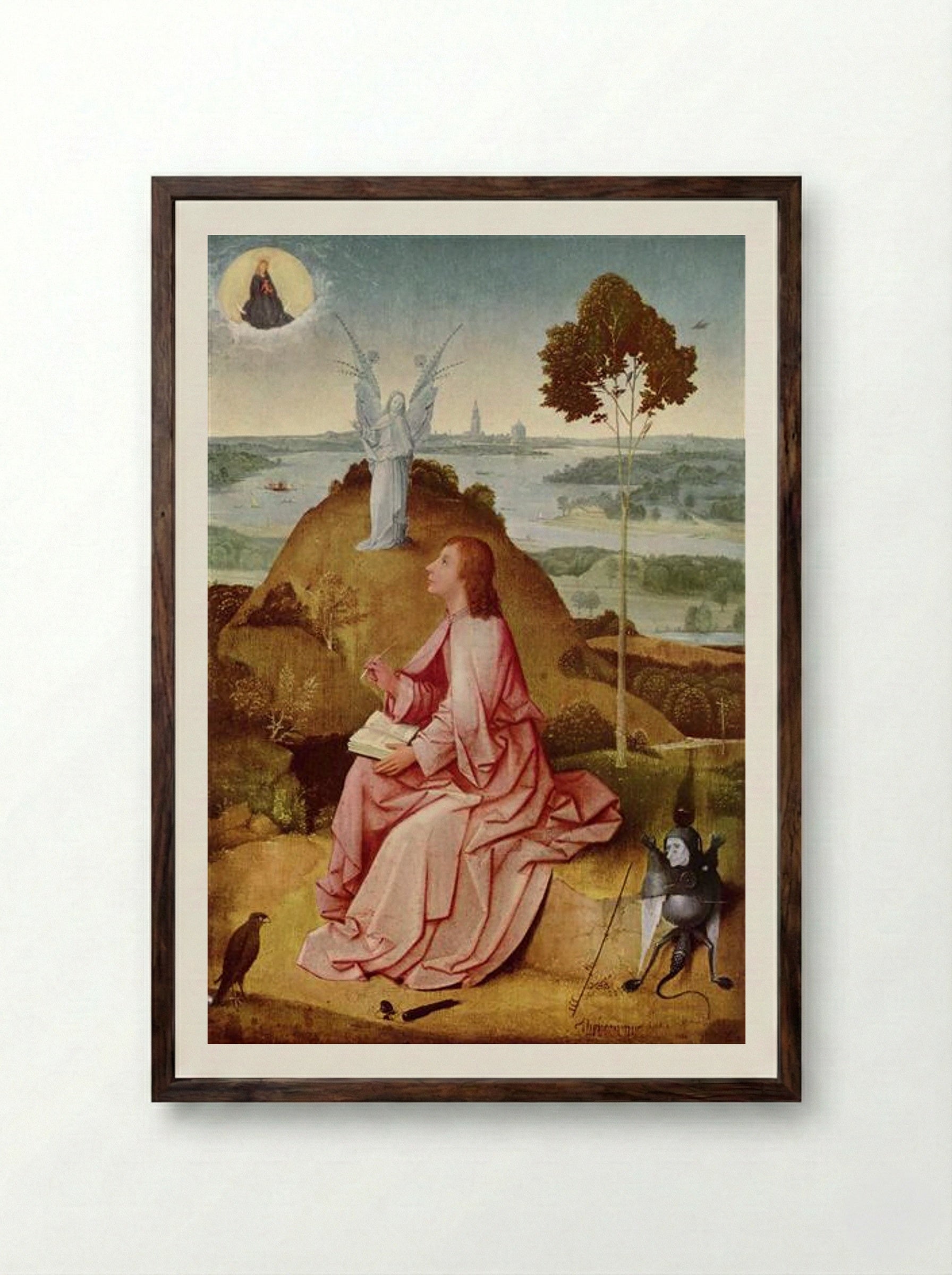 Saint John the Evangelist on Patmos - Hieronymus Bosch - Framed Print Dark Wood