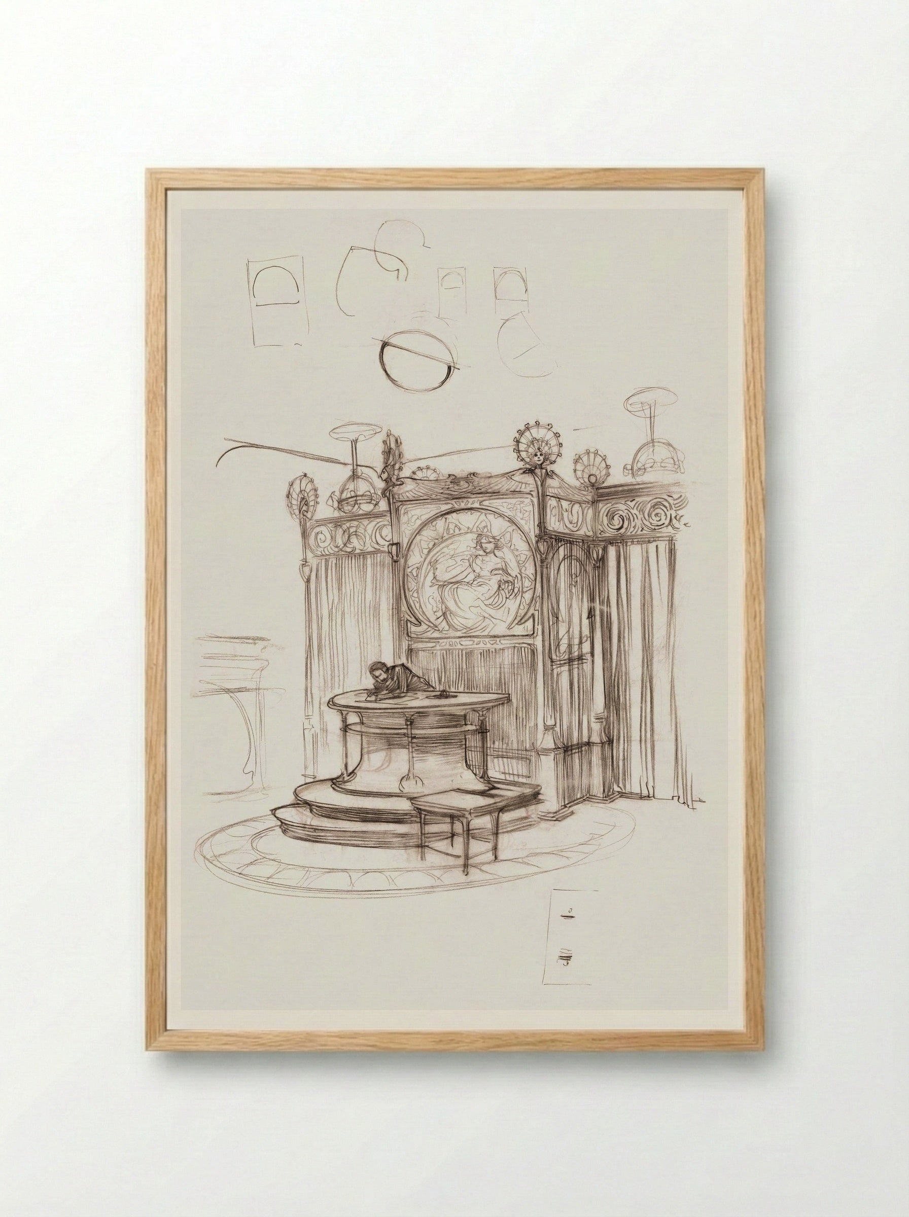 Sketch of an Office Interior - Alphonse Mucha - Framed Print Wood
