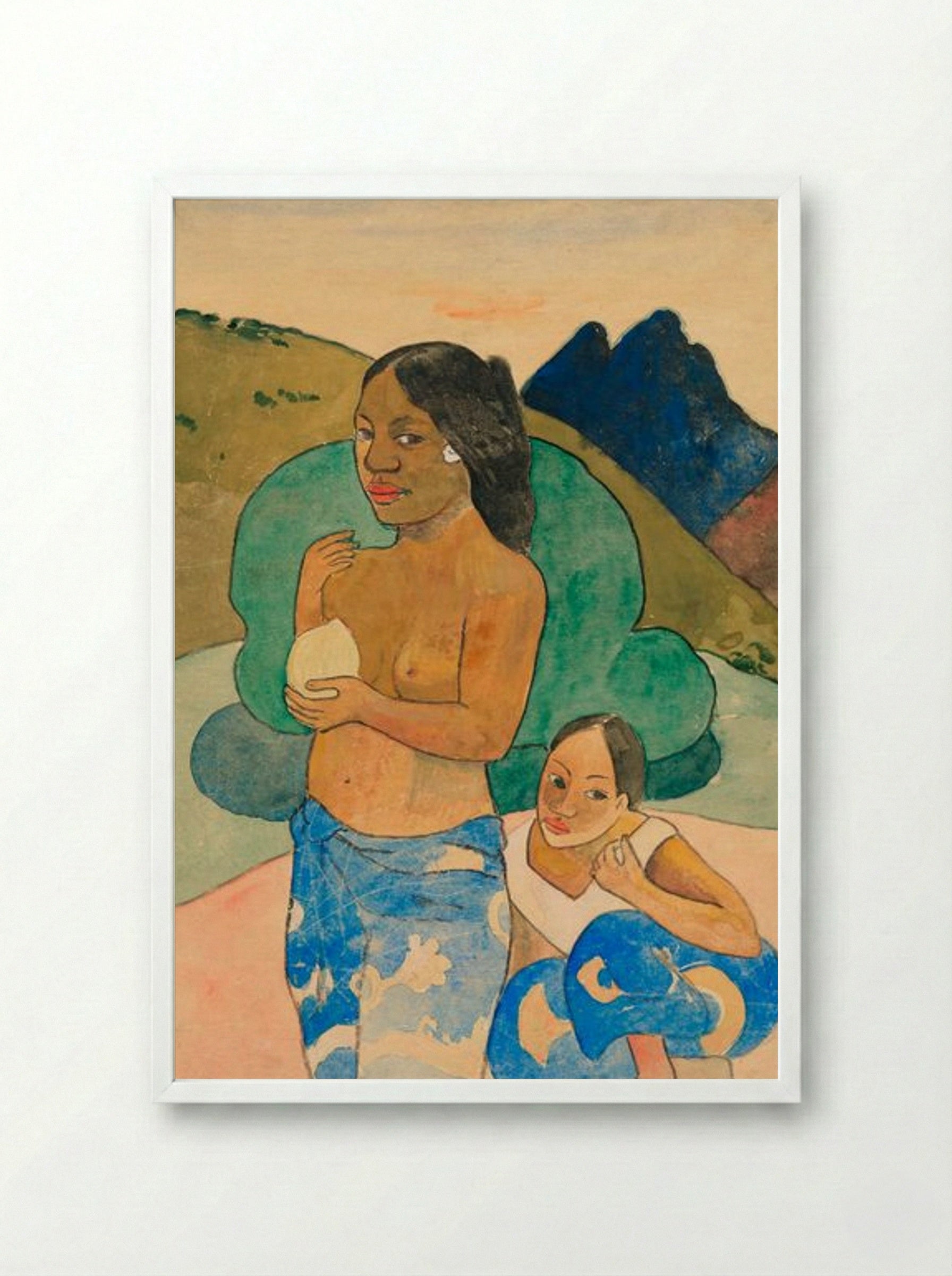 Two Tahitian Women in a Landscape - Paul Gauguin - Framed Print White