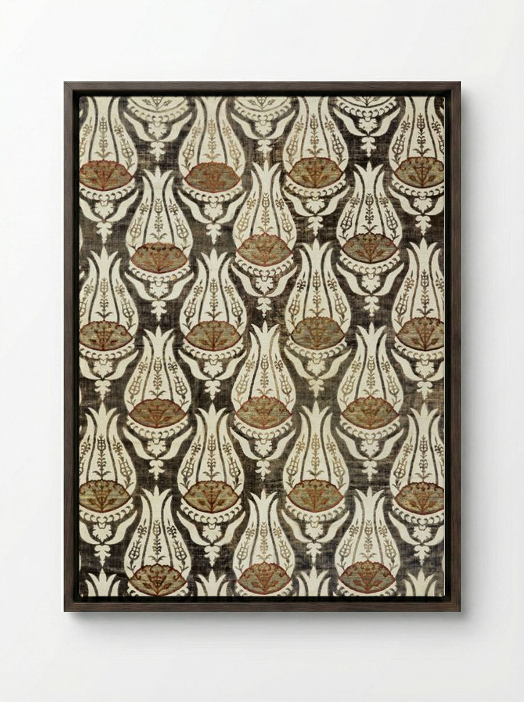 Furnishing Fabric with Tulip and Foliage Design - William Morris - Framed Canvas Dark Wood