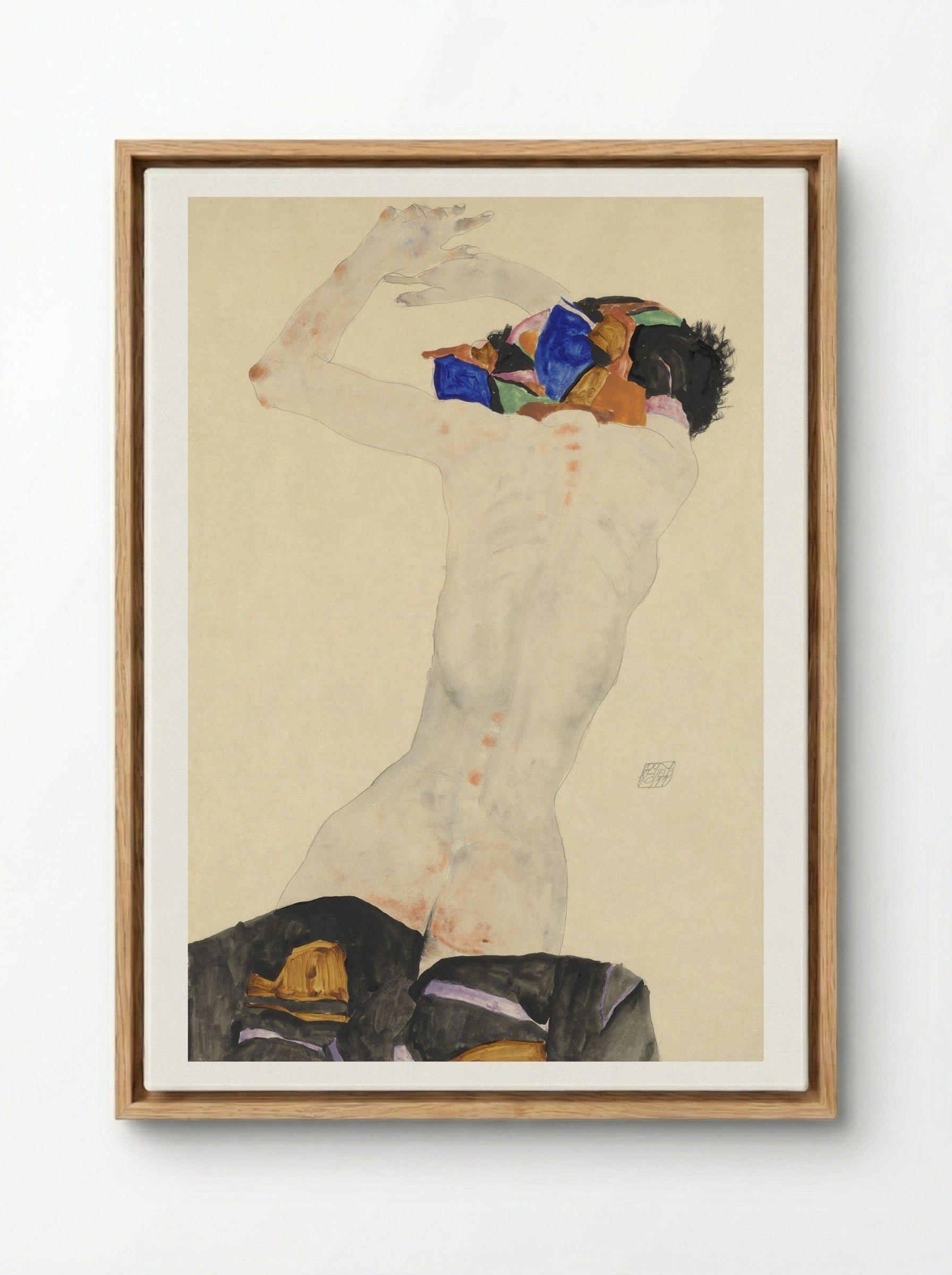 Reclining Nude with Colourful Cloth - Egon Schiele - Framed Canvas Wood