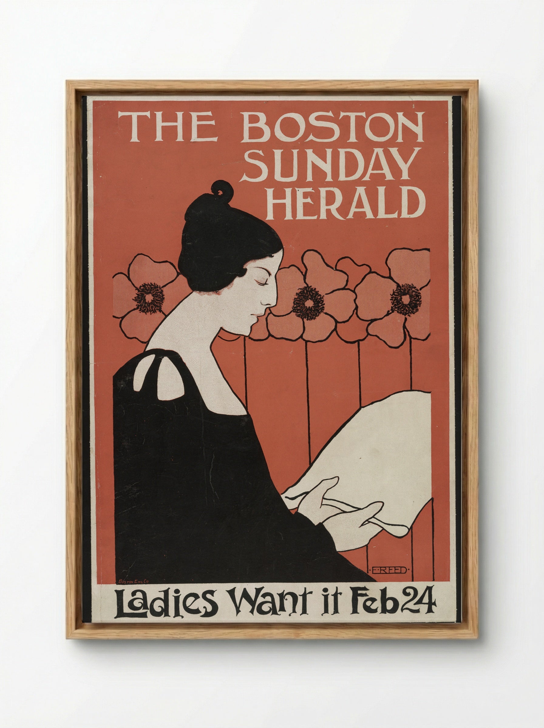 Portrait of a Woman Reading a Newspaper with Flowers - Ethel Reed - Framed Canvas Wood