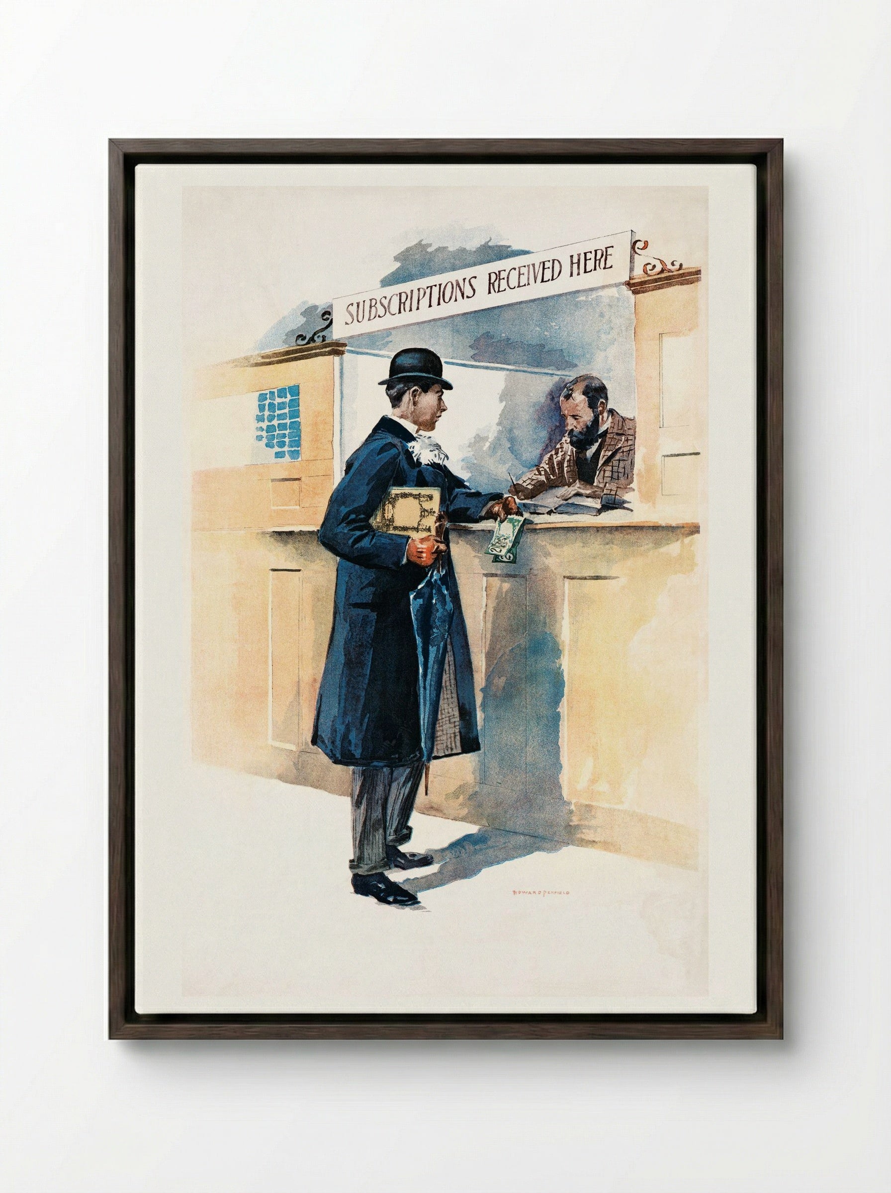 Man Getting Medicines - Edward Penfield - Framed Canvas Dark Wood