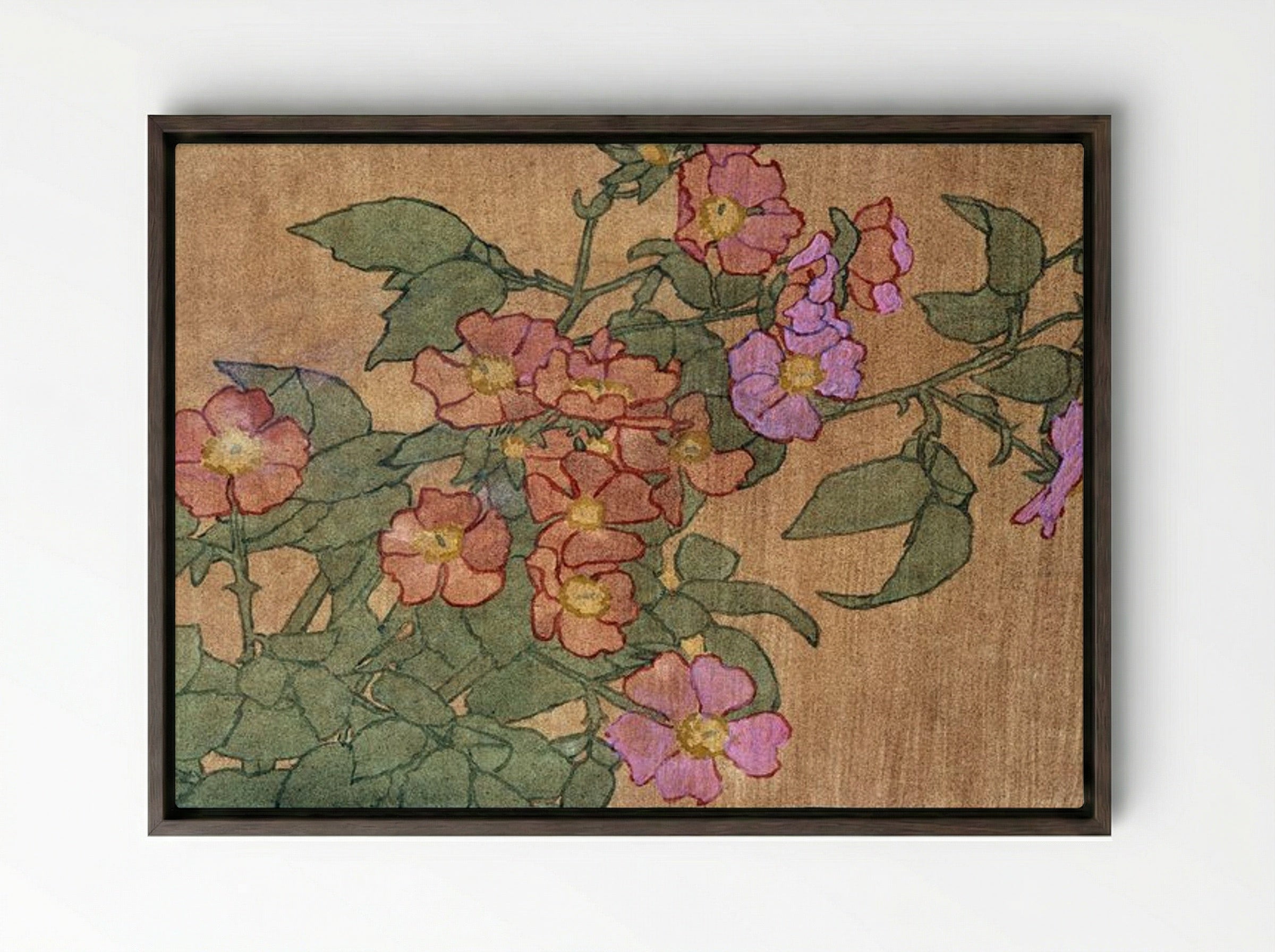 Pink Roses on Terracotta Colour Ground - Hannah Borger Overbeck - Framed Canvas Dark Wood