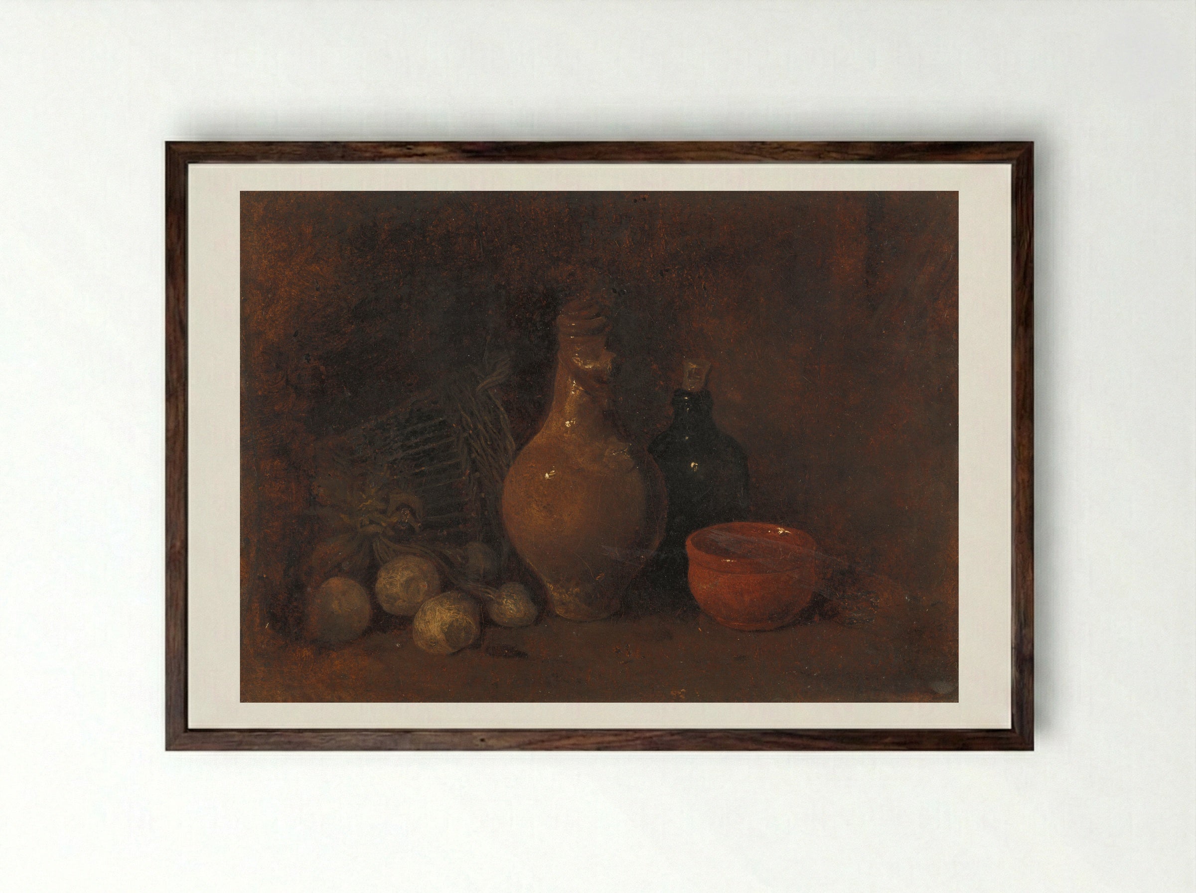 Stilleven met vier vruchten, glas en aardewerk - François Bonvin - Framed Print Dark Wood