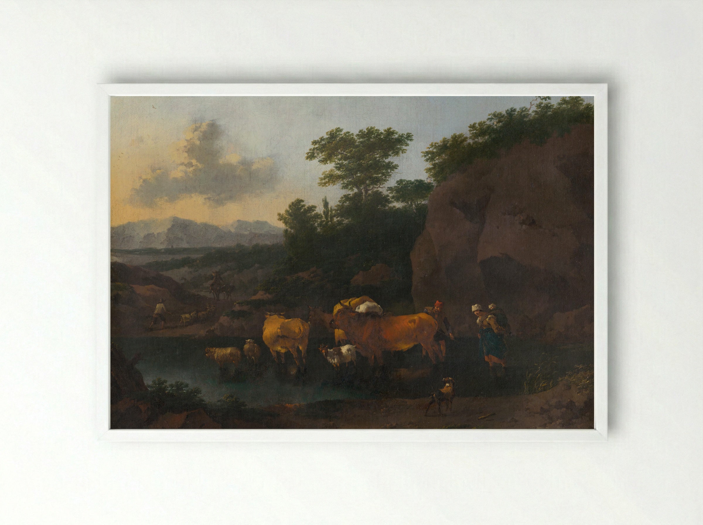 Italianate Landscape with Cattle Ford - Pieter van Bloemen - Framed Print White