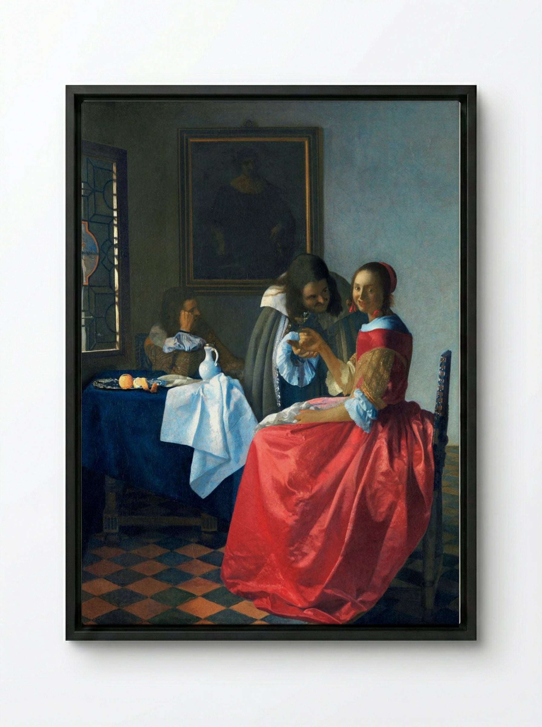 The Girl with a Wineglass - Johannes Vermeer - Framed Canvas Black