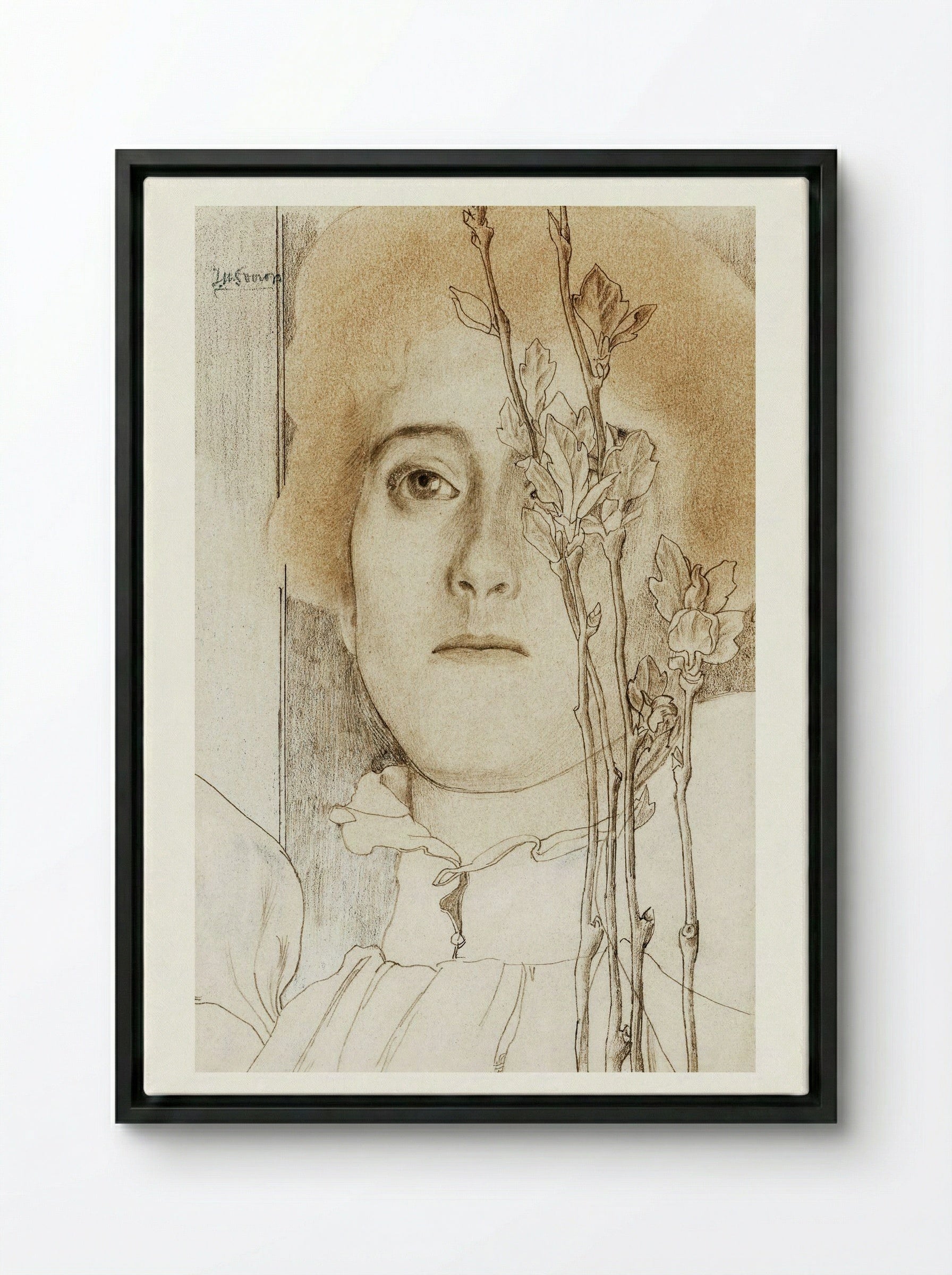 Portrait of an Unknown Woman with Flowering Branch - Jan Toorop - Framed Canvas Black