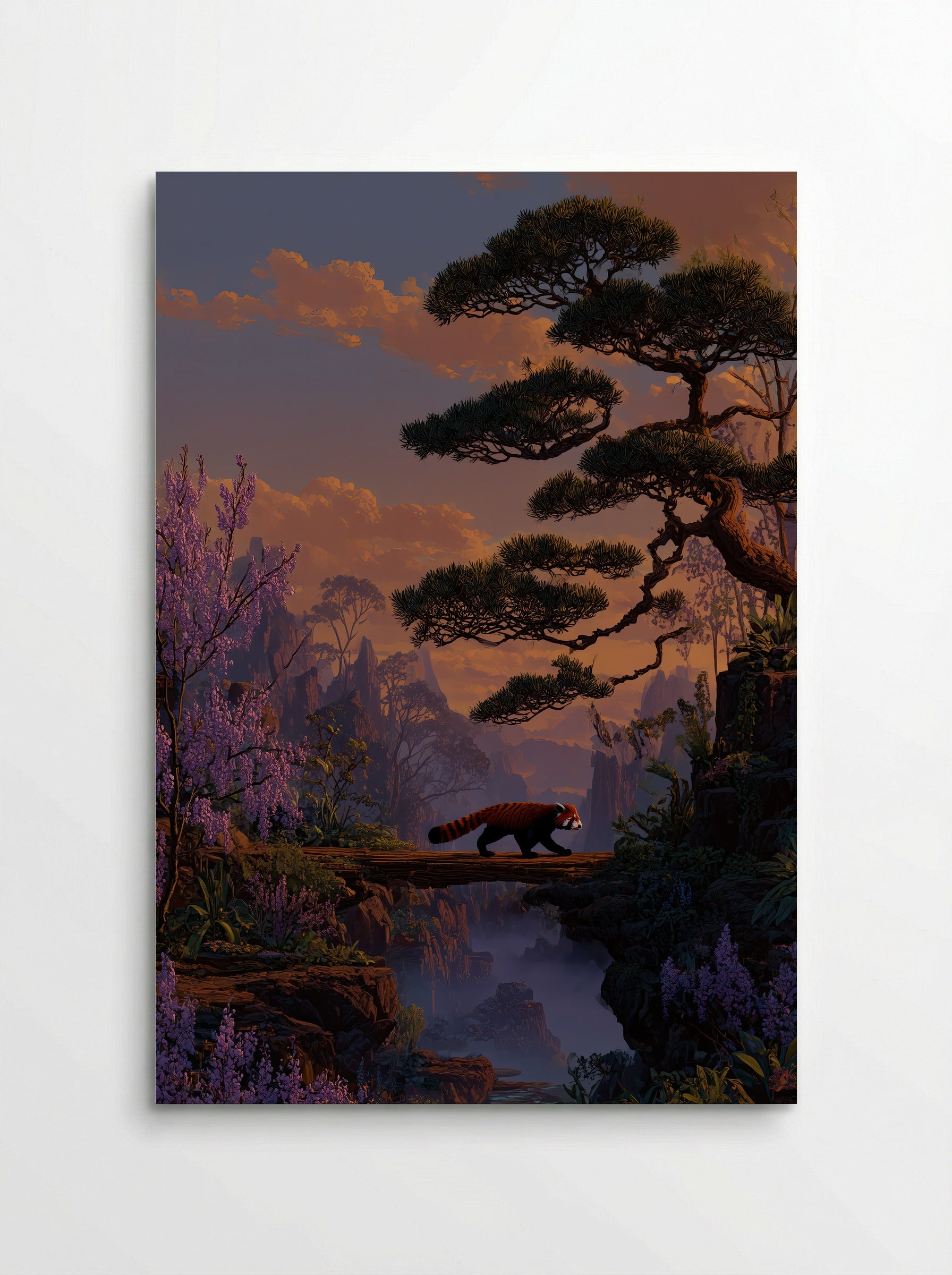 Red Panda Crossing – Tranquil Sunset Forest Art Print - Poster