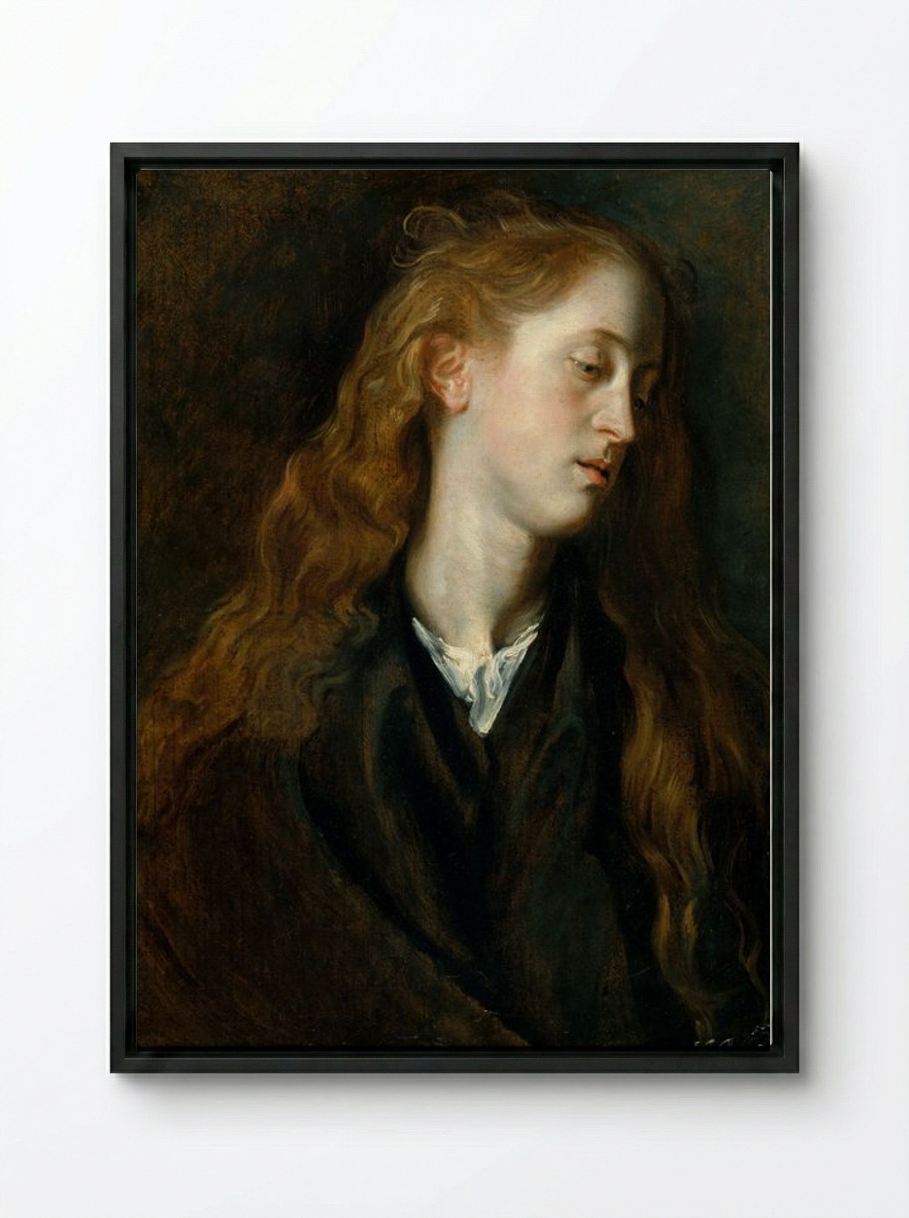 Study, Head of a Young Woman - Anthony van Dyck - Framed Canvas Black