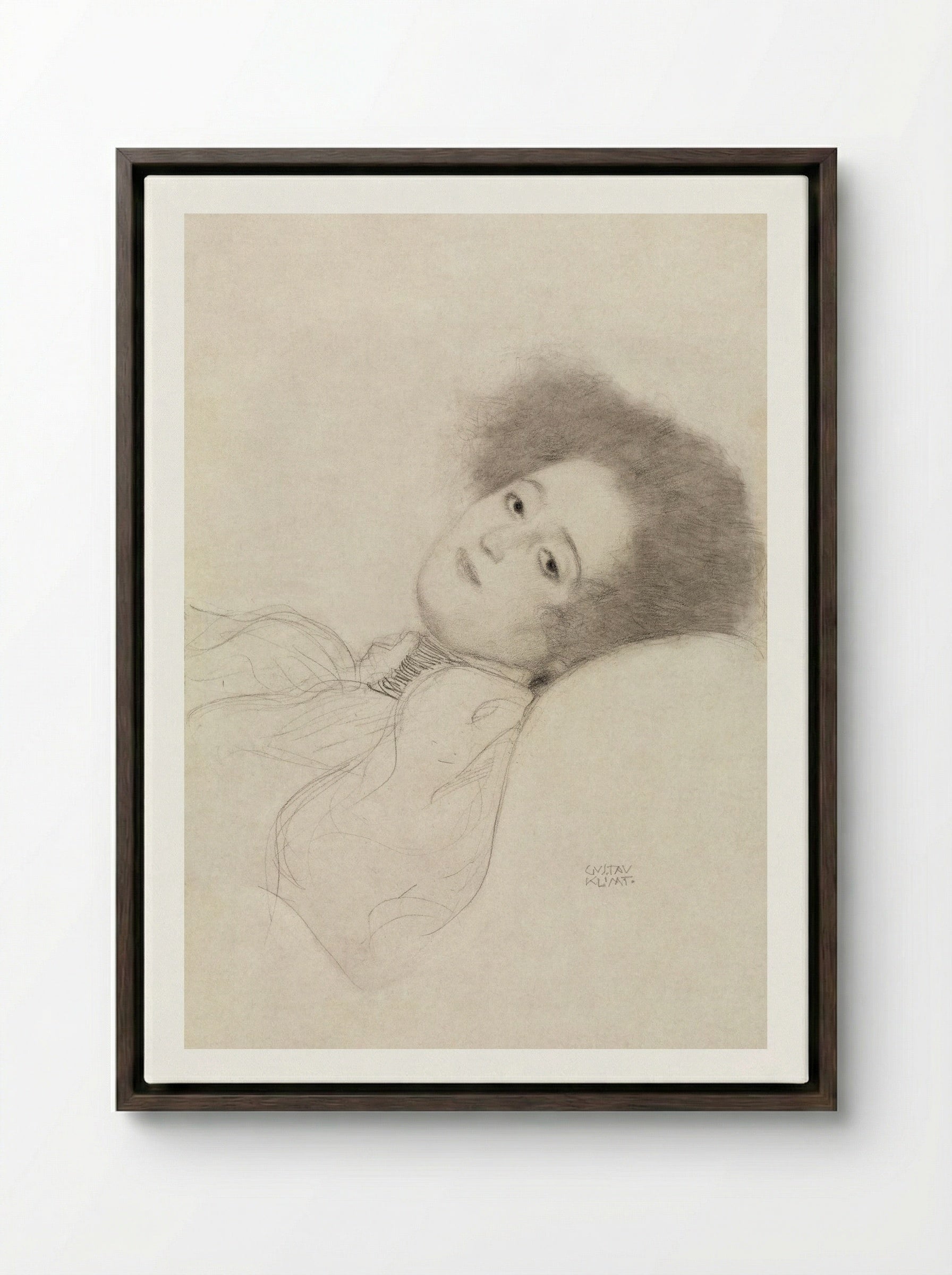 Portrait of a Young Woman Reclining - Gustav Klimt - Framed Canvas Dark Wood
