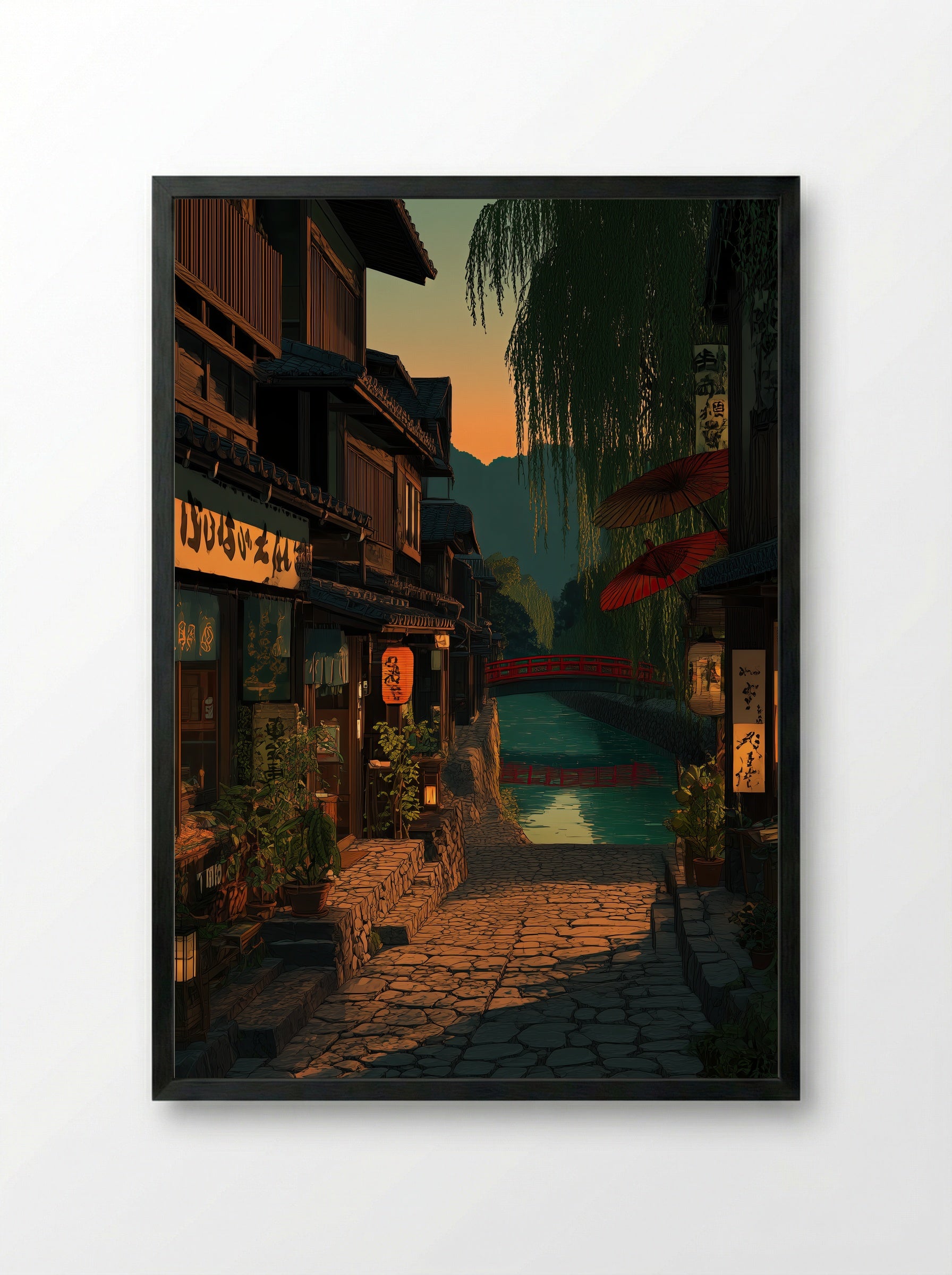 Twilight on the Kamo River: A Kyoto Evening - Framed Print Black