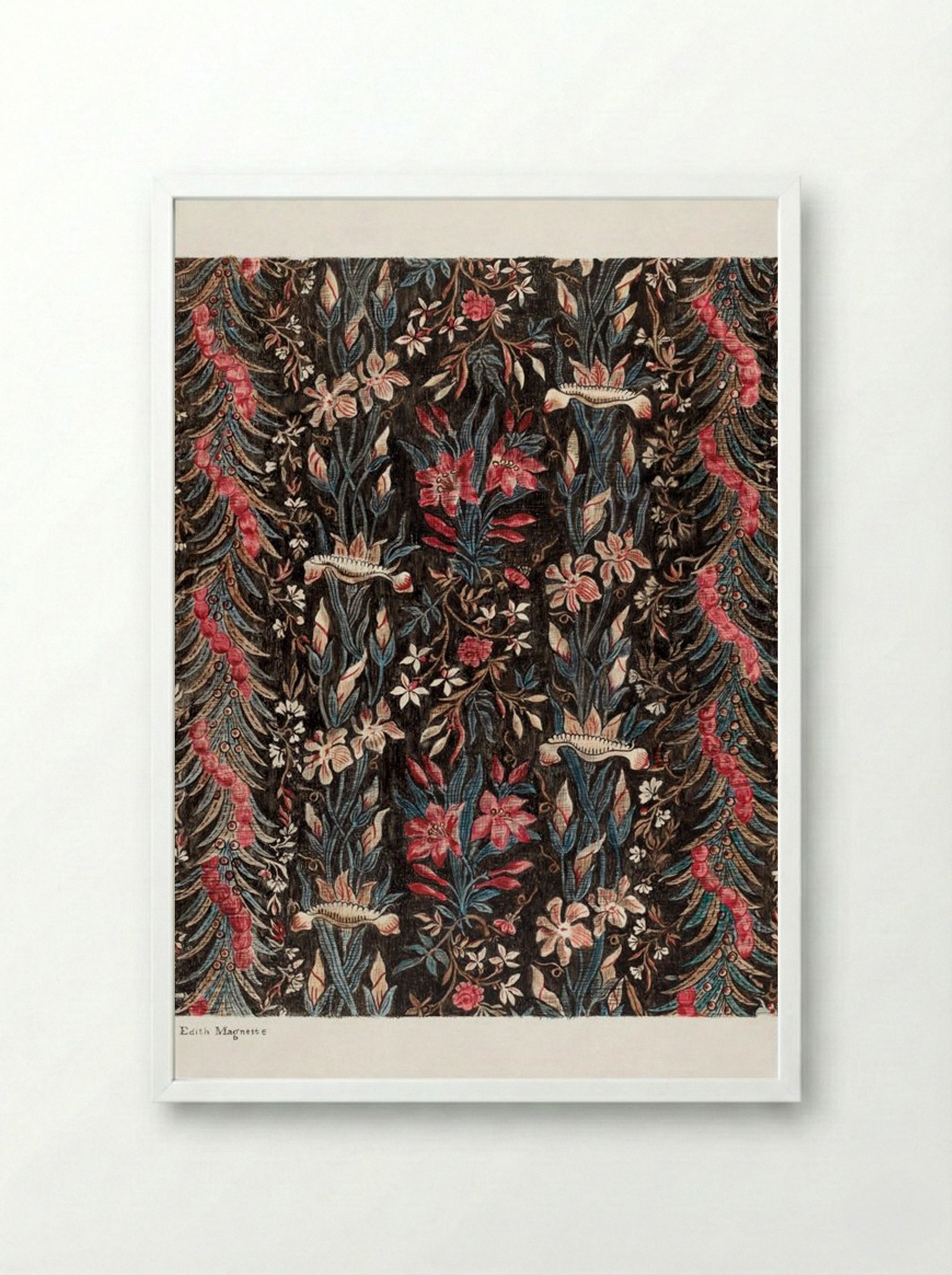 Printed Cotton (Floral Textile Design) - Edith Magnette - Framed Print White