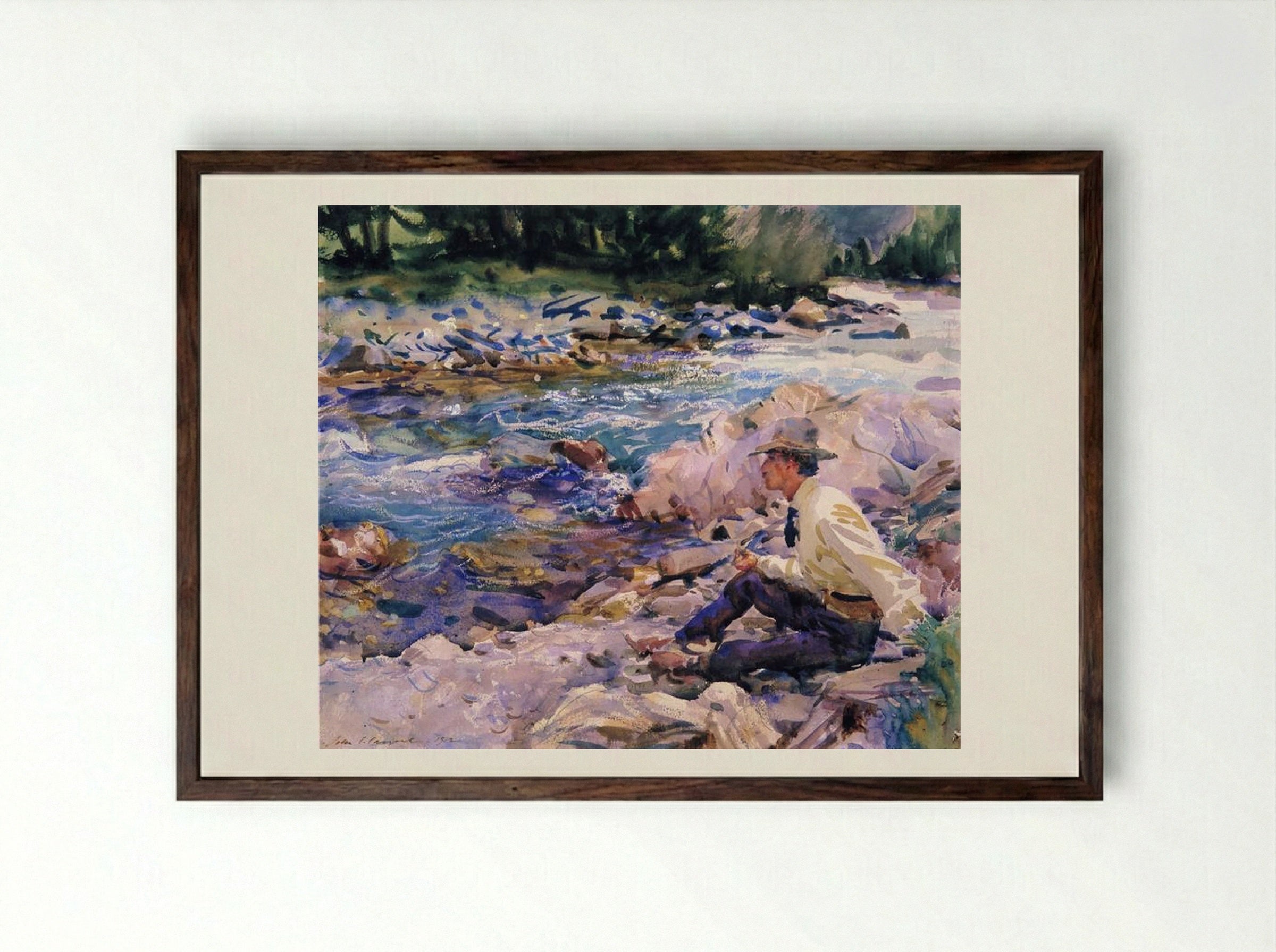 Man Seated by a Stream - John Singer Sargent - Framed Print Dark Wood