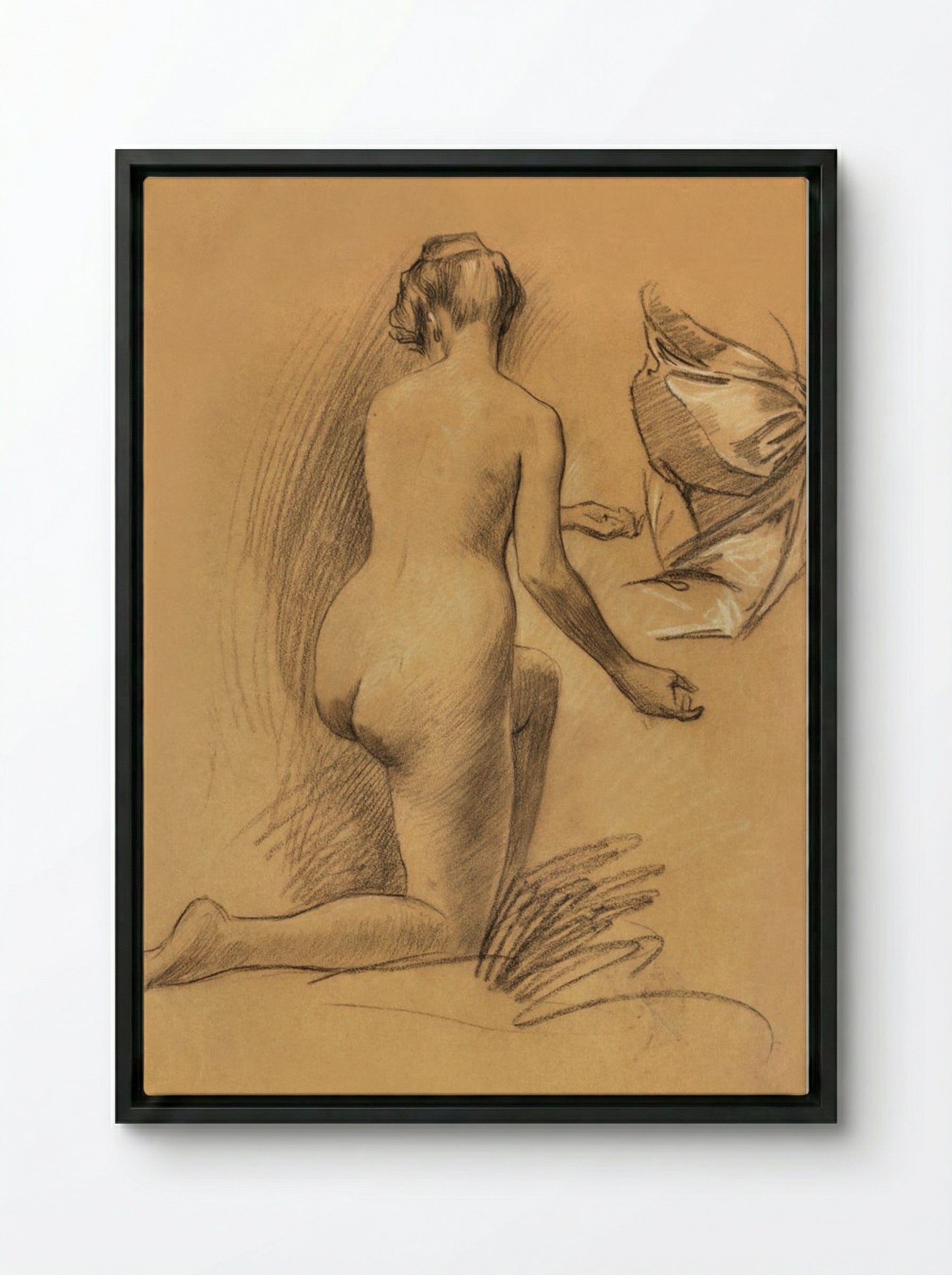 Study of Kneeling Nude Figure - Louis Schaettle - Framed Canvas Black
