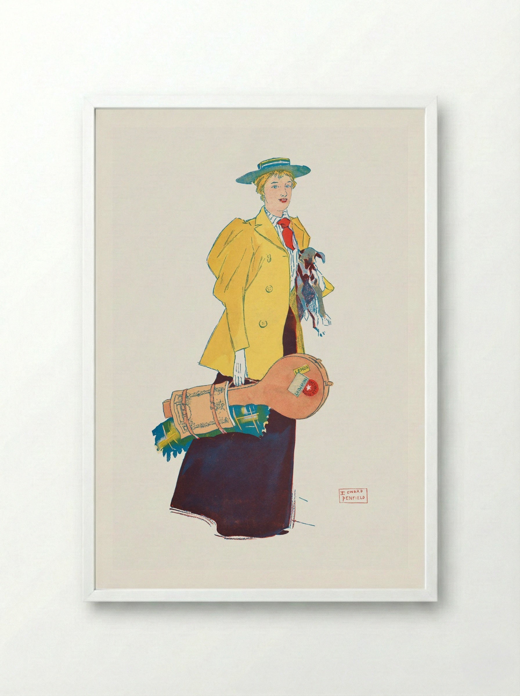 Woman Holding Dog and Luggage - Edward Penfield - Framed Print White