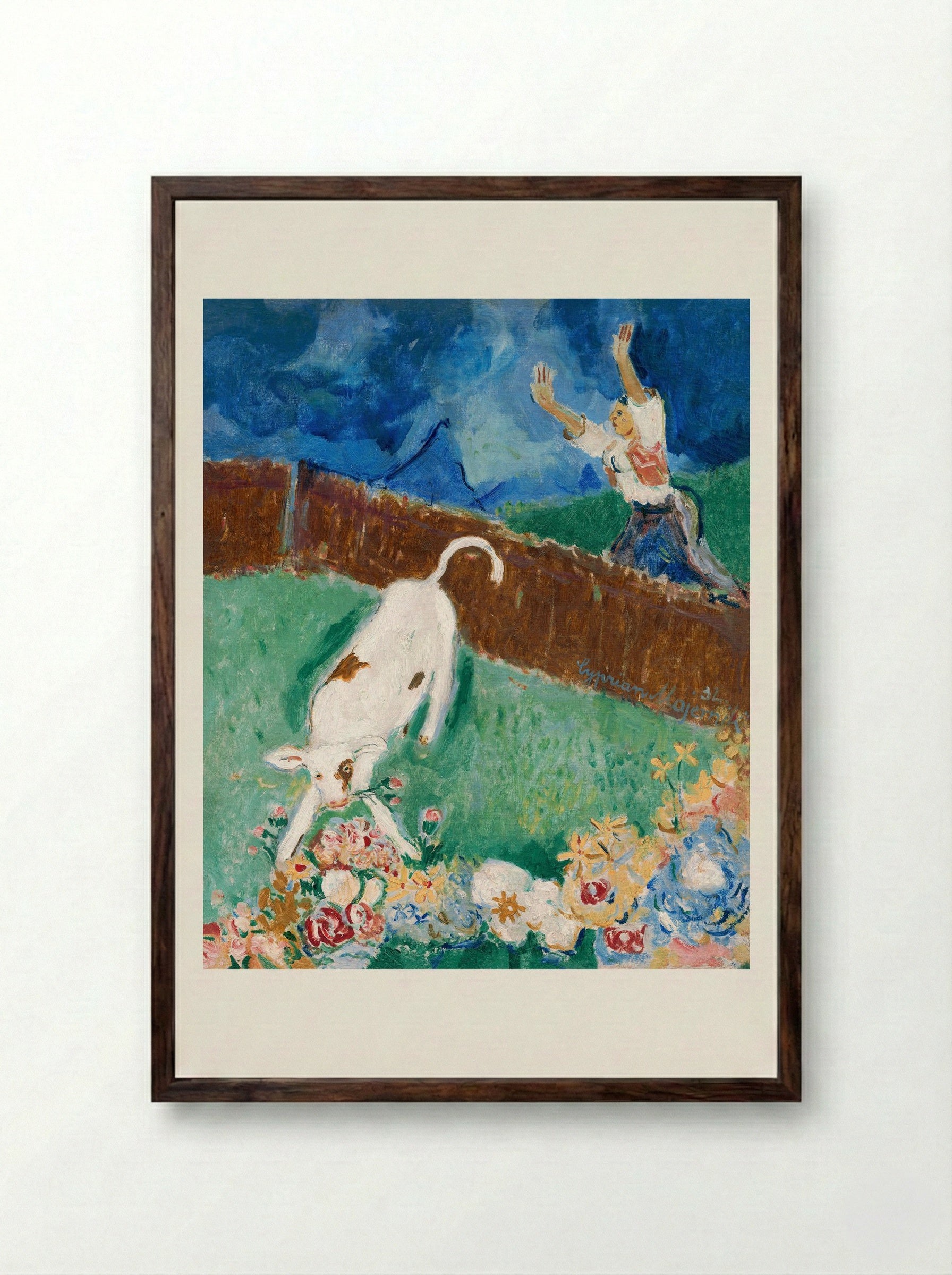 Calf in a Meadow - Cyprián Majerník - Framed Print Dark Wood