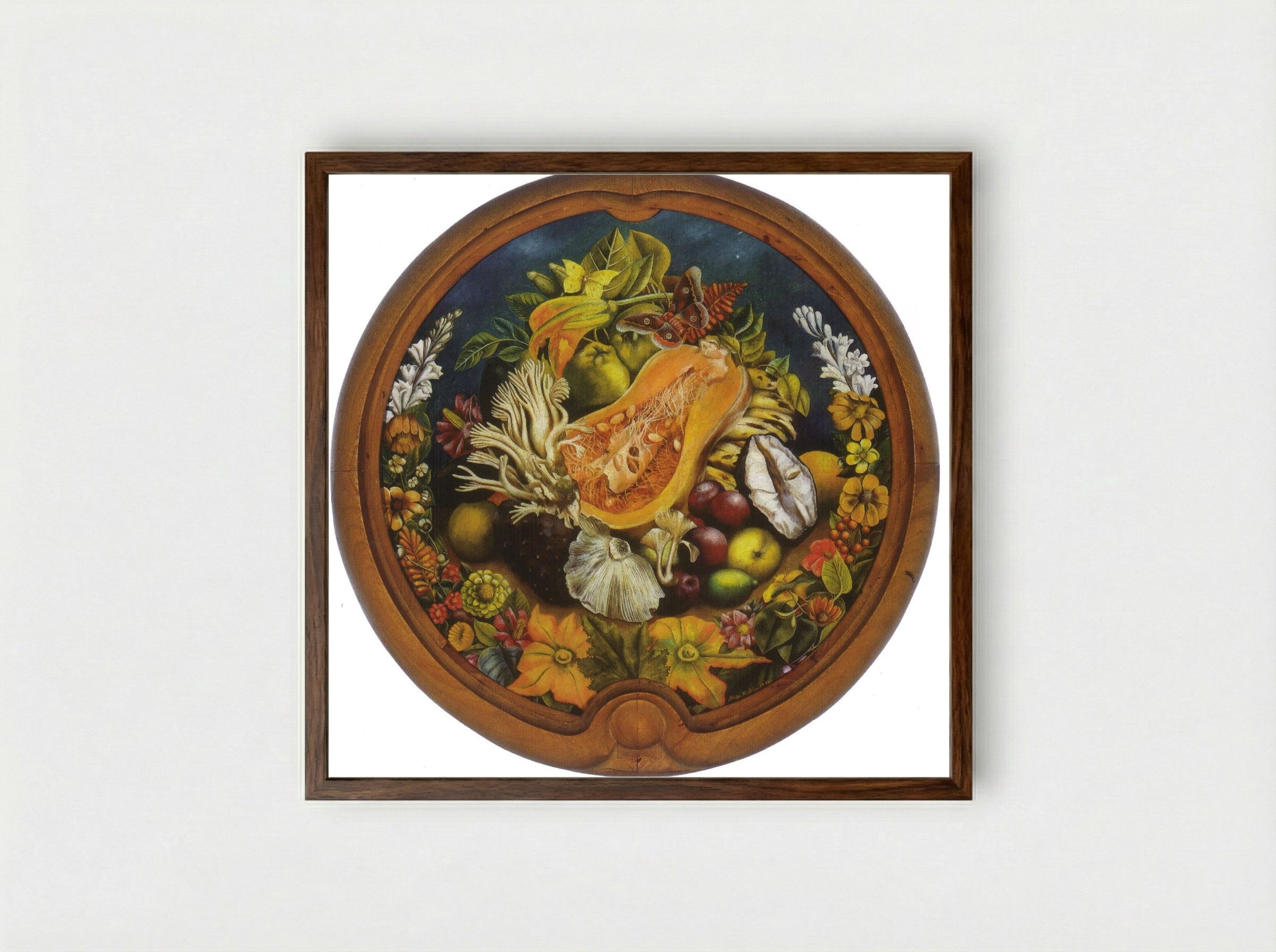 Still Life with Pumpkin and Flowers - Fine Art Print - Framed Print Dark Wood