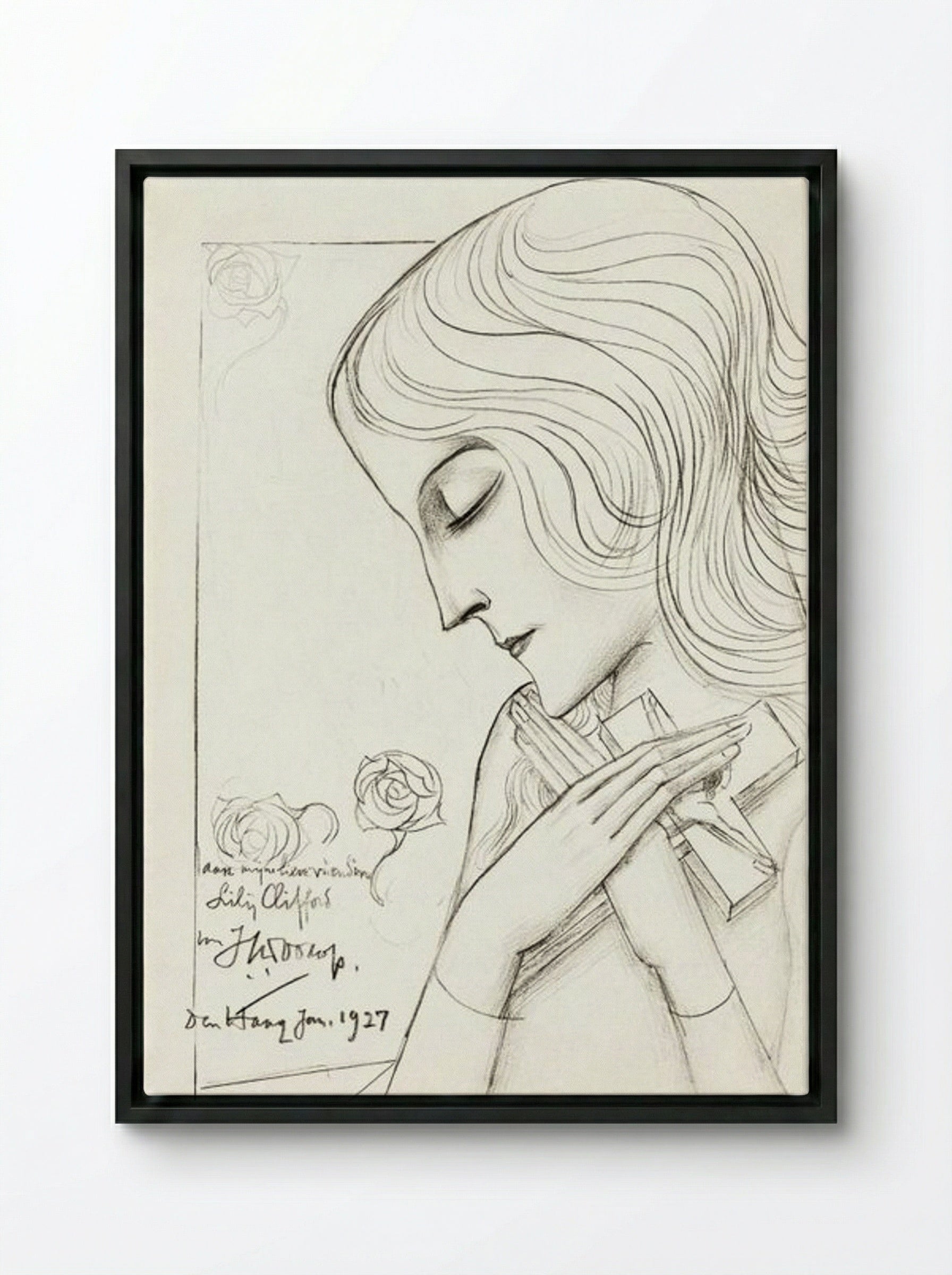 Young Girl Holding a Cross in Meditation - Jan Toorop - Framed Canvas Black