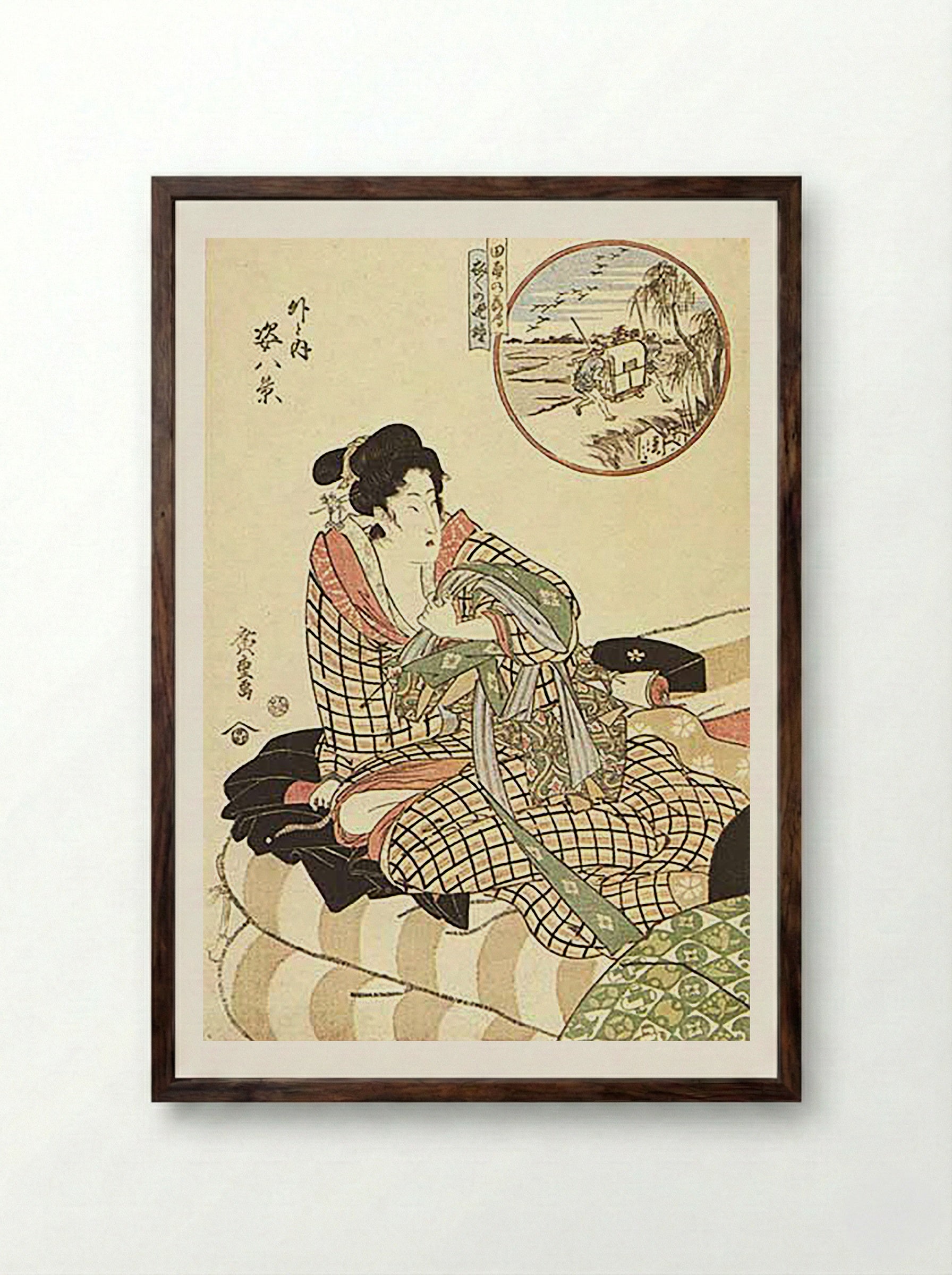 Courtesan Viewing Travellers (Outside and Inside) - Hiroshige - Framed Print Dark Wood