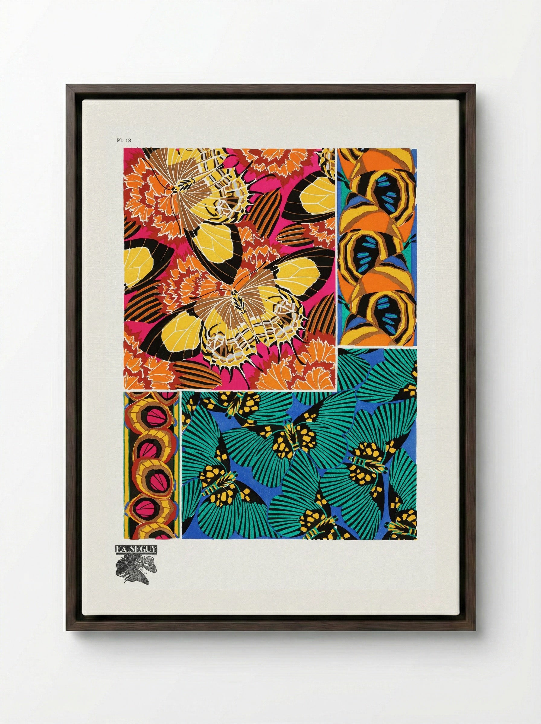 Papillons, Plate 18 (Butterfly Pattern) - Émile-Allain Séguy - Framed Canvas Dark Wood