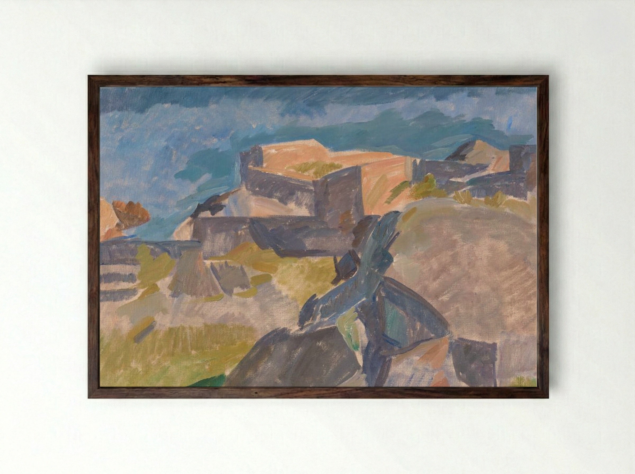 Coastal View with Buildings - Edvard Weie - Framed Print Dark Wood