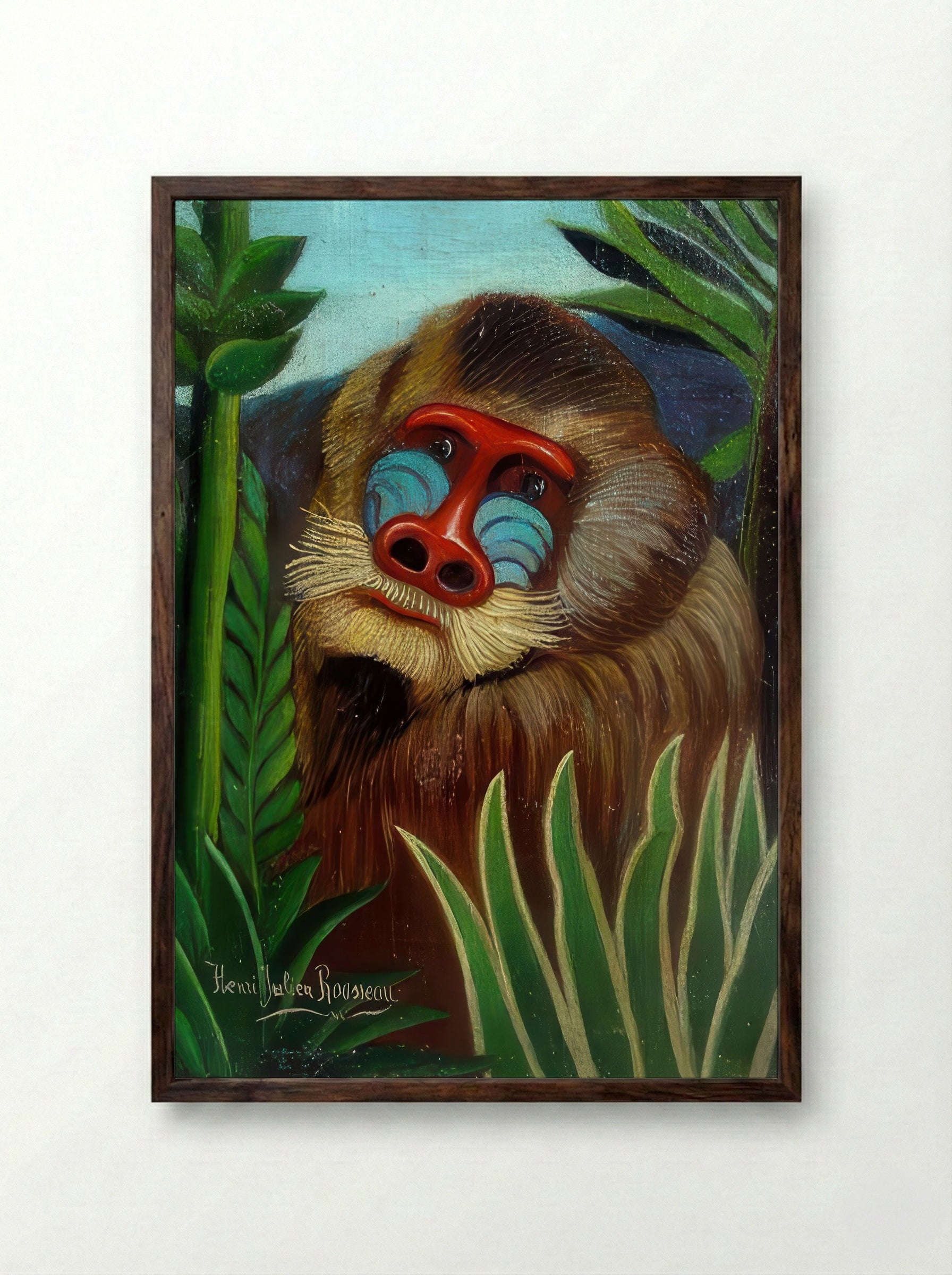 Mandrill in the Jungle by Henri Rousseau – Naïve Jungle Animal Art Print - Framed Print Dark Wood