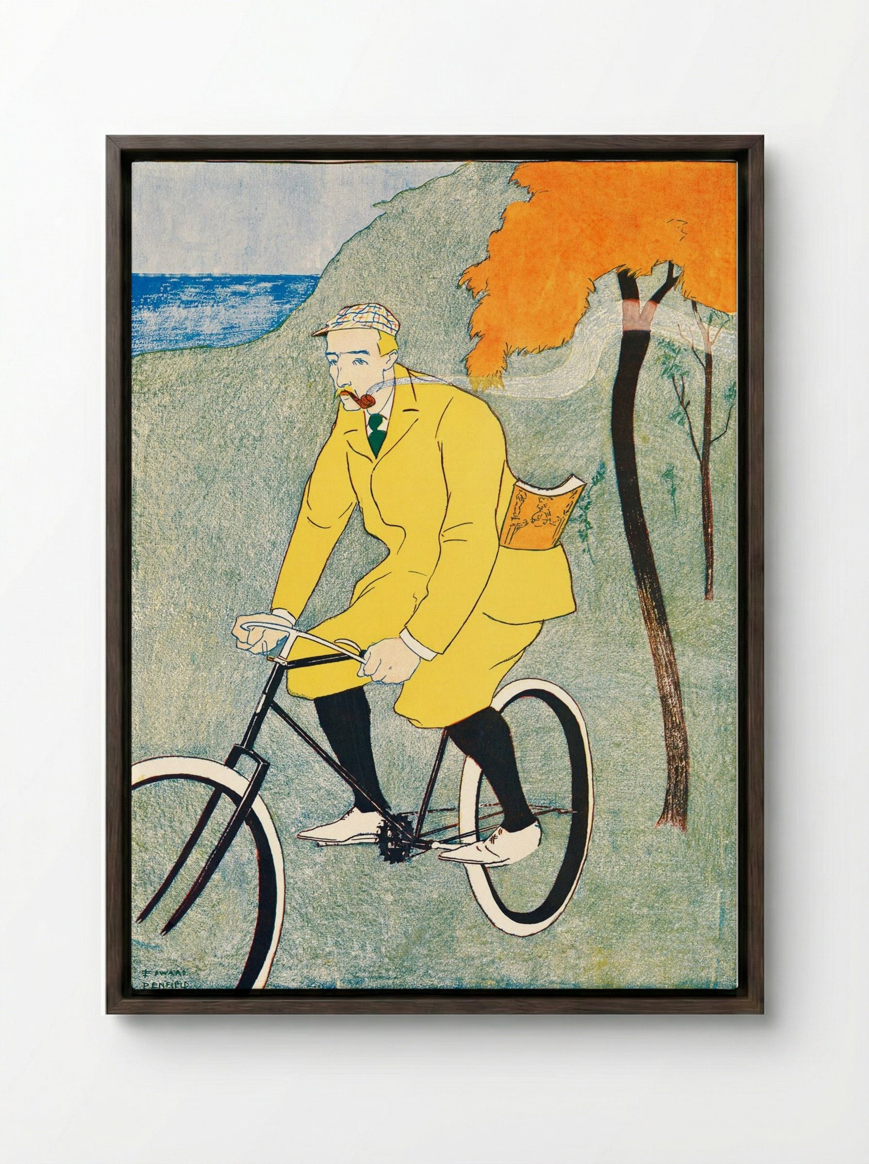 Man Riding Bicycle - Edward Penfield - Framed Canvas Dark Wood