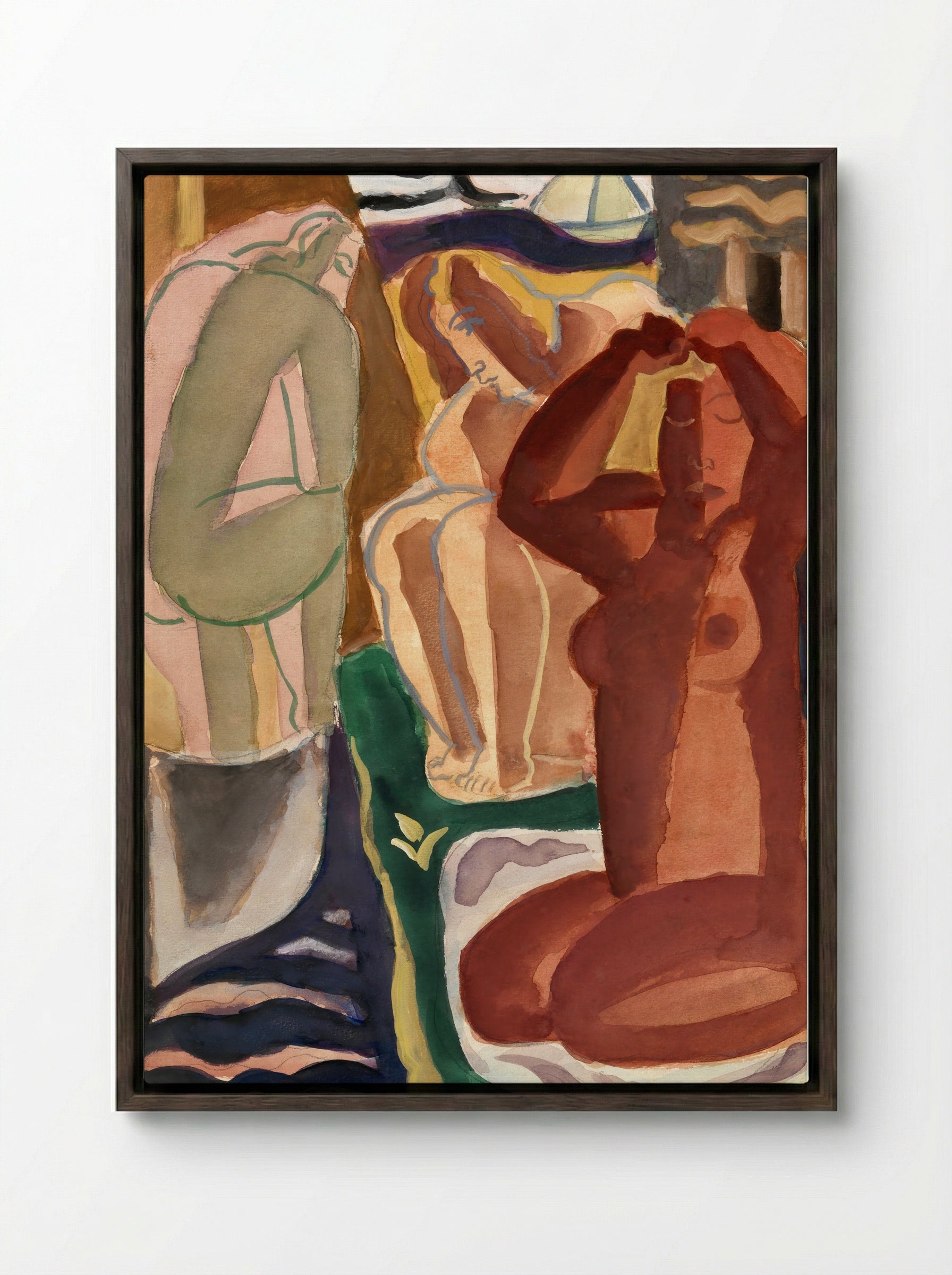 Two Bathing Women and a Bridge Figure - Leo Gestel - Framed Canvas Dark Wood