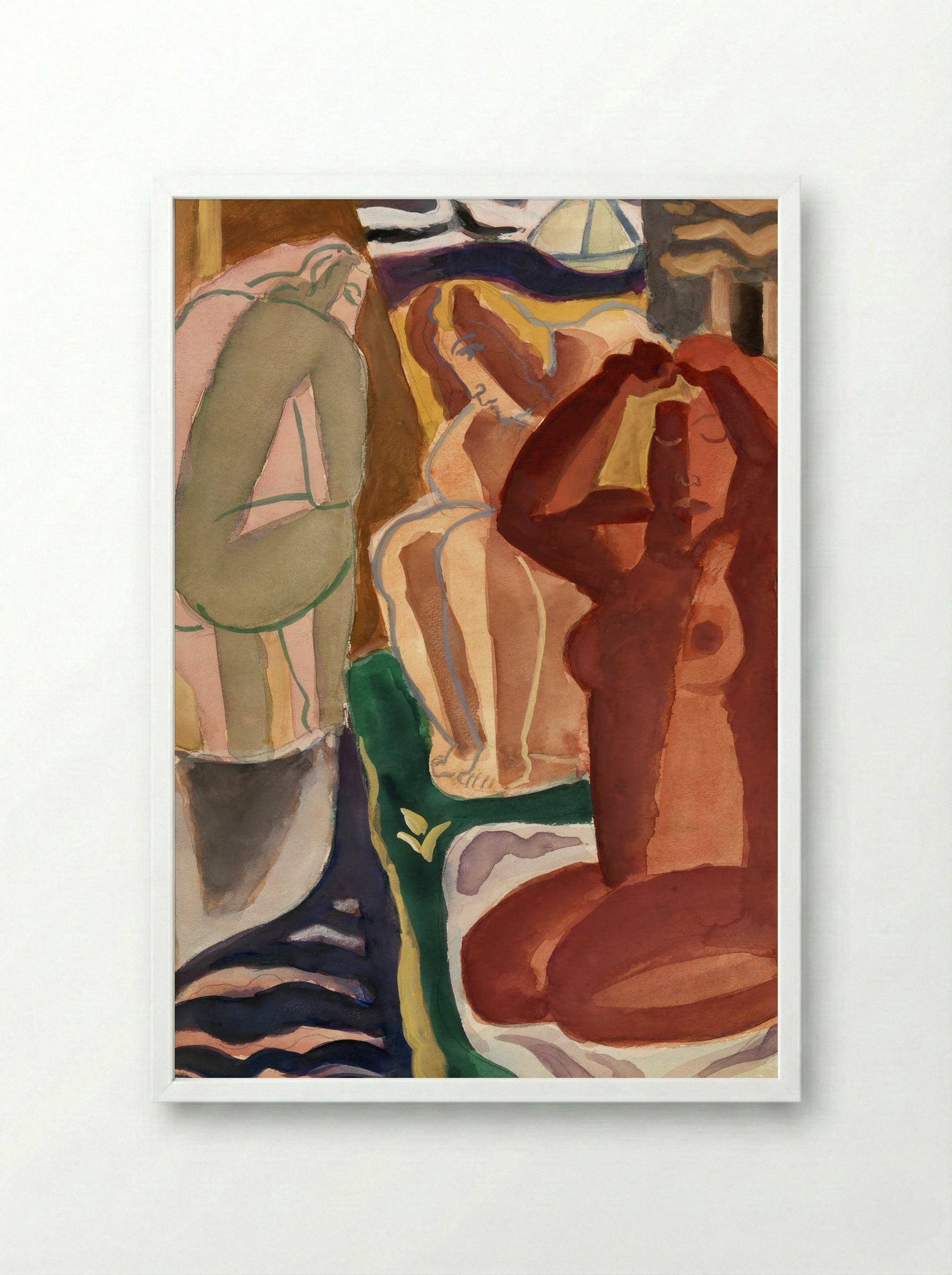 Two Bathing Women and a Bridge Figure - Leo Gestel - Framed Print White
