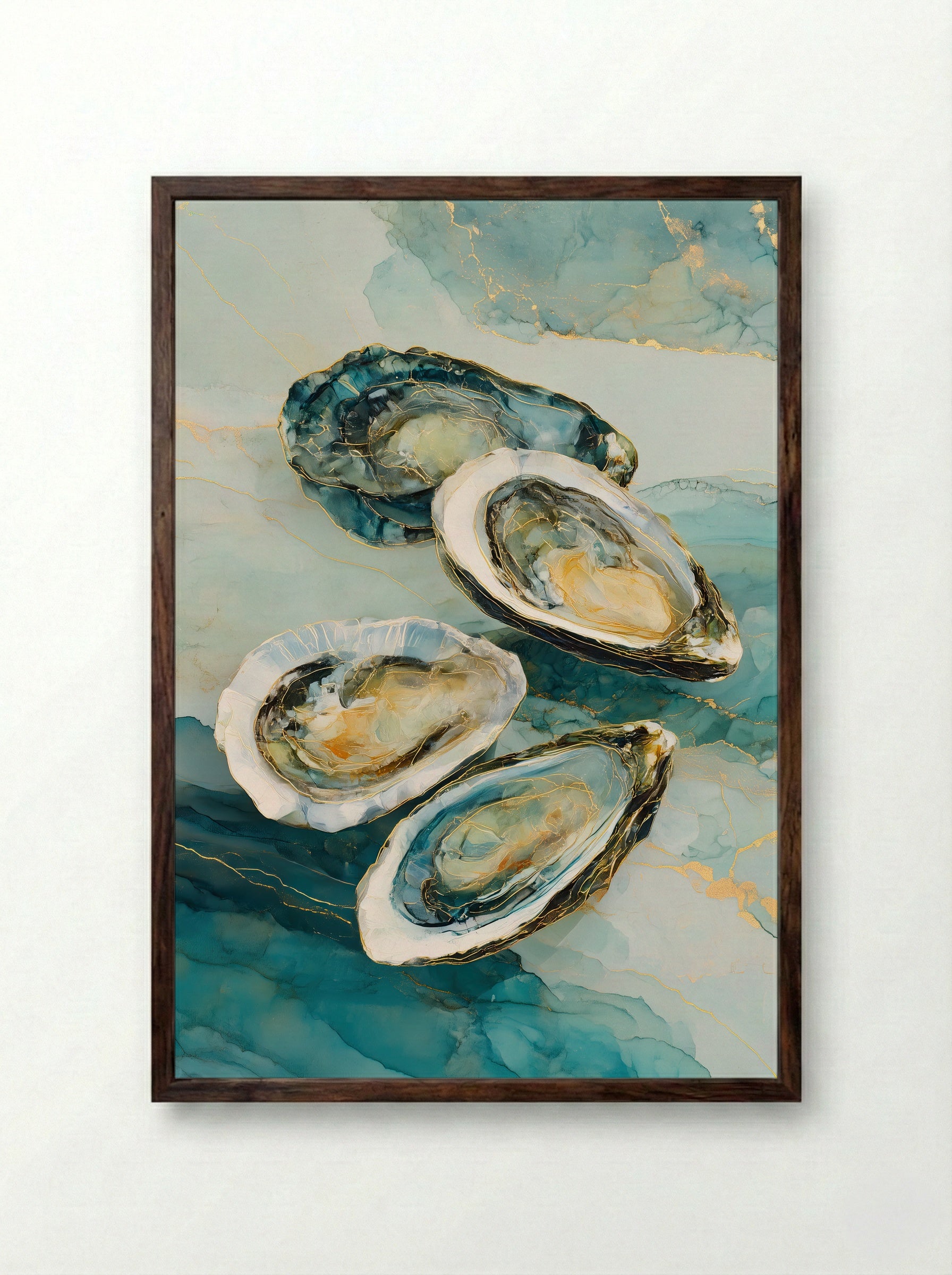 Coastal Oysters – Abstract Ocean Art Print in Teal and Gold - Framed Print Dark Wood