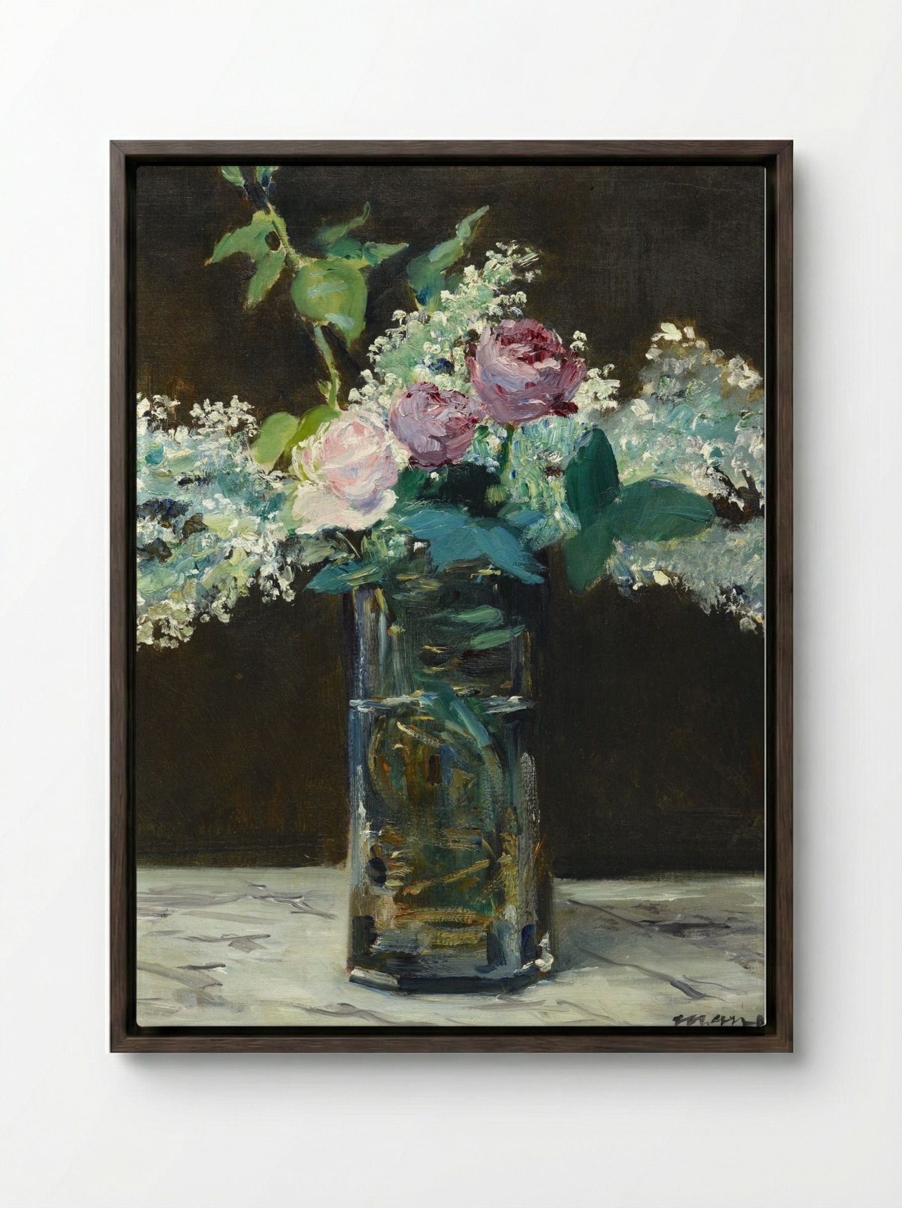 Vase of White Lilacs and Roses - Édouard Manet - Framed Canvas Dark Wood