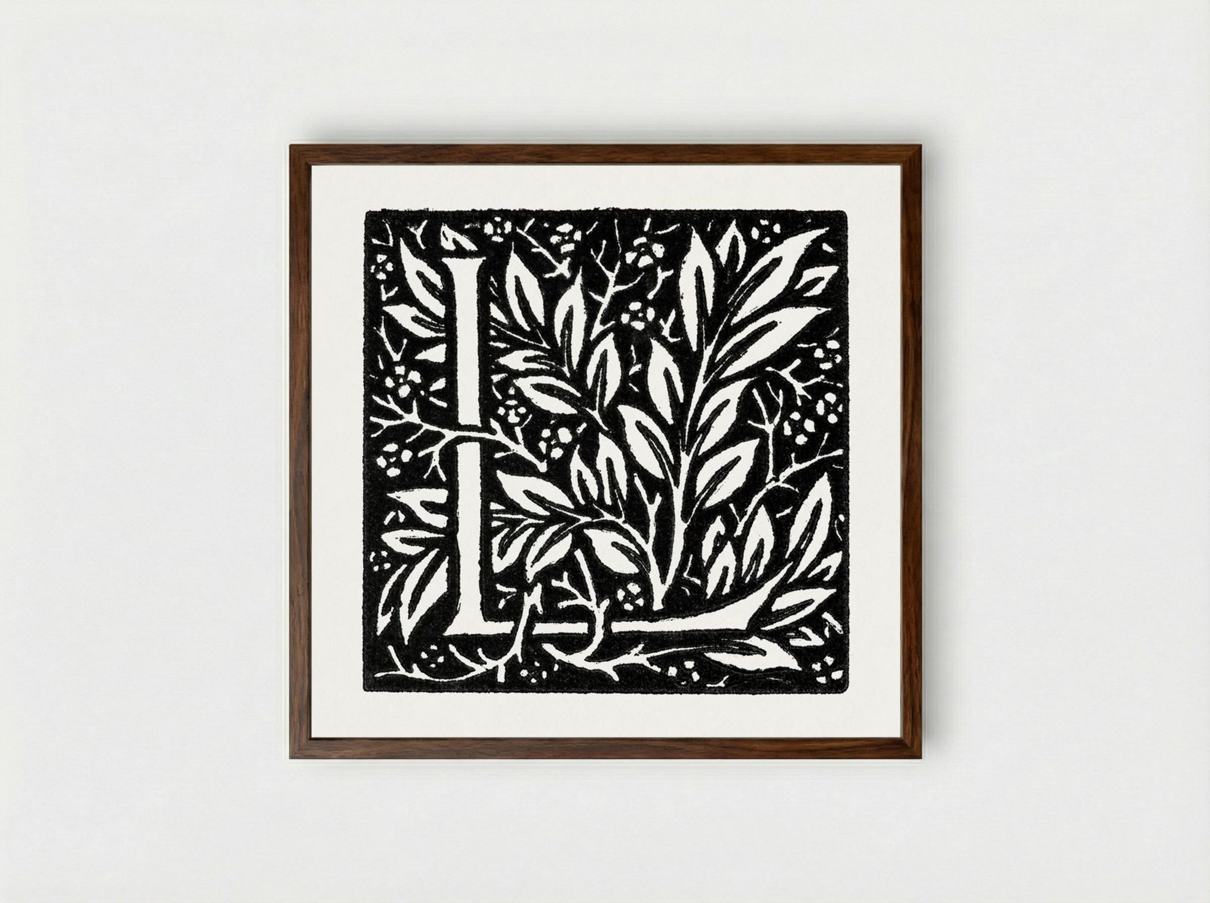 Love is Enough: Initial Letter 'L' entwined with Laurel Leaves - William Morris - Framed Print Dark Wood