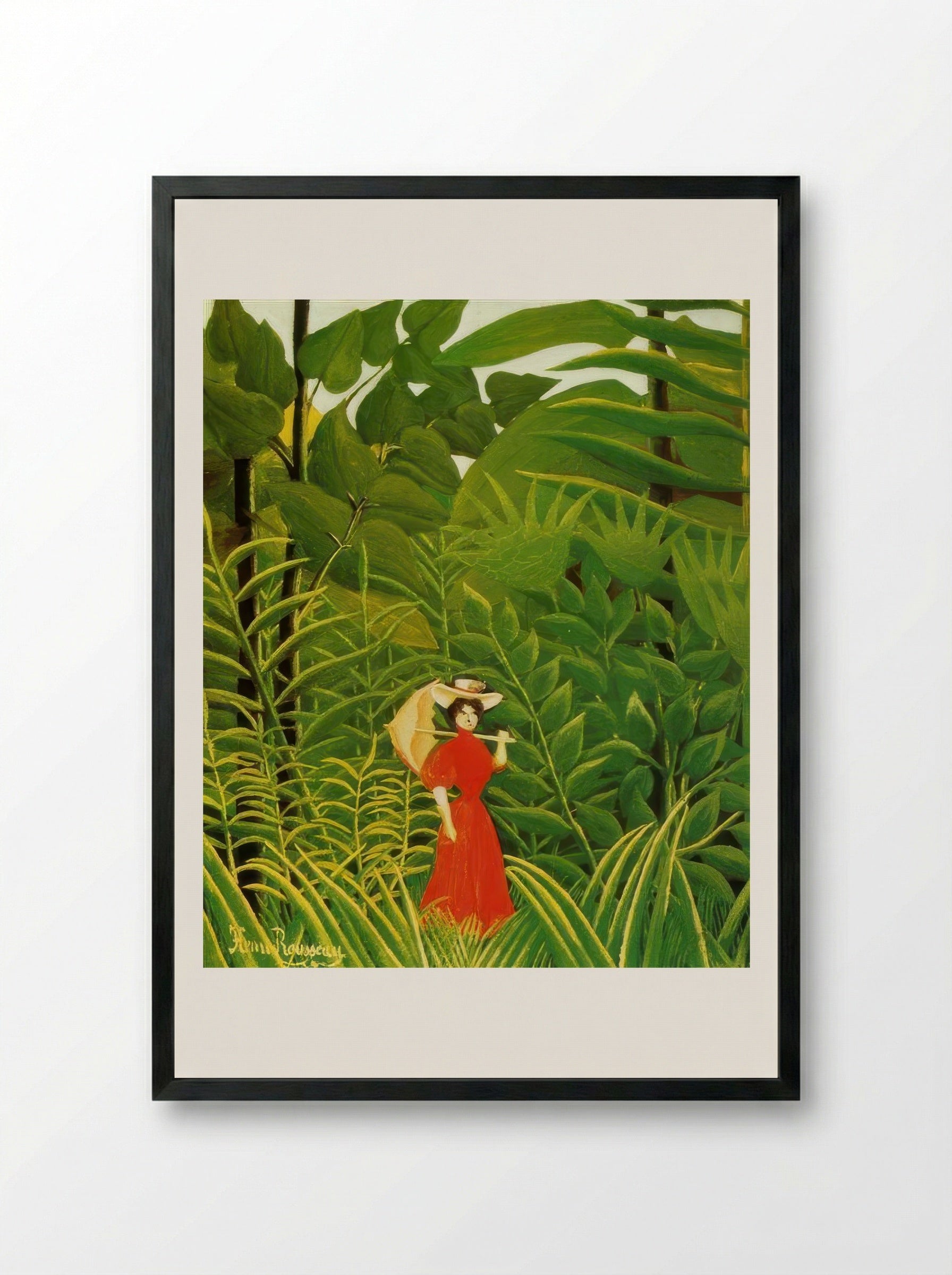 Woman in Red in the Forest by Henri Rousseau – Naïve Art Figurative Jungle Print - Framed Print Black
