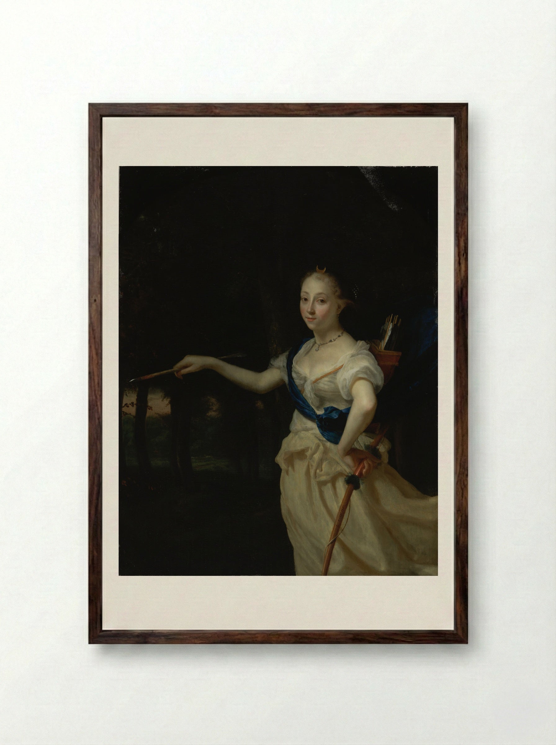 Portrait of a Lady as the Goddess Diana - Godfried Schalcken - Framed Print Dark Wood